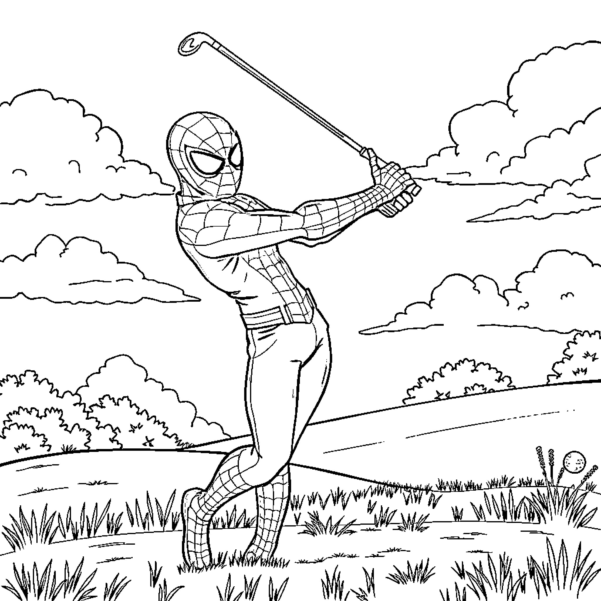 Spider-Man swinging through the air with webbing Coloring Page (free black-and-white line drawing printable PDF for all, from beginners to advanced learners, including children, teens, adults, and seniors)