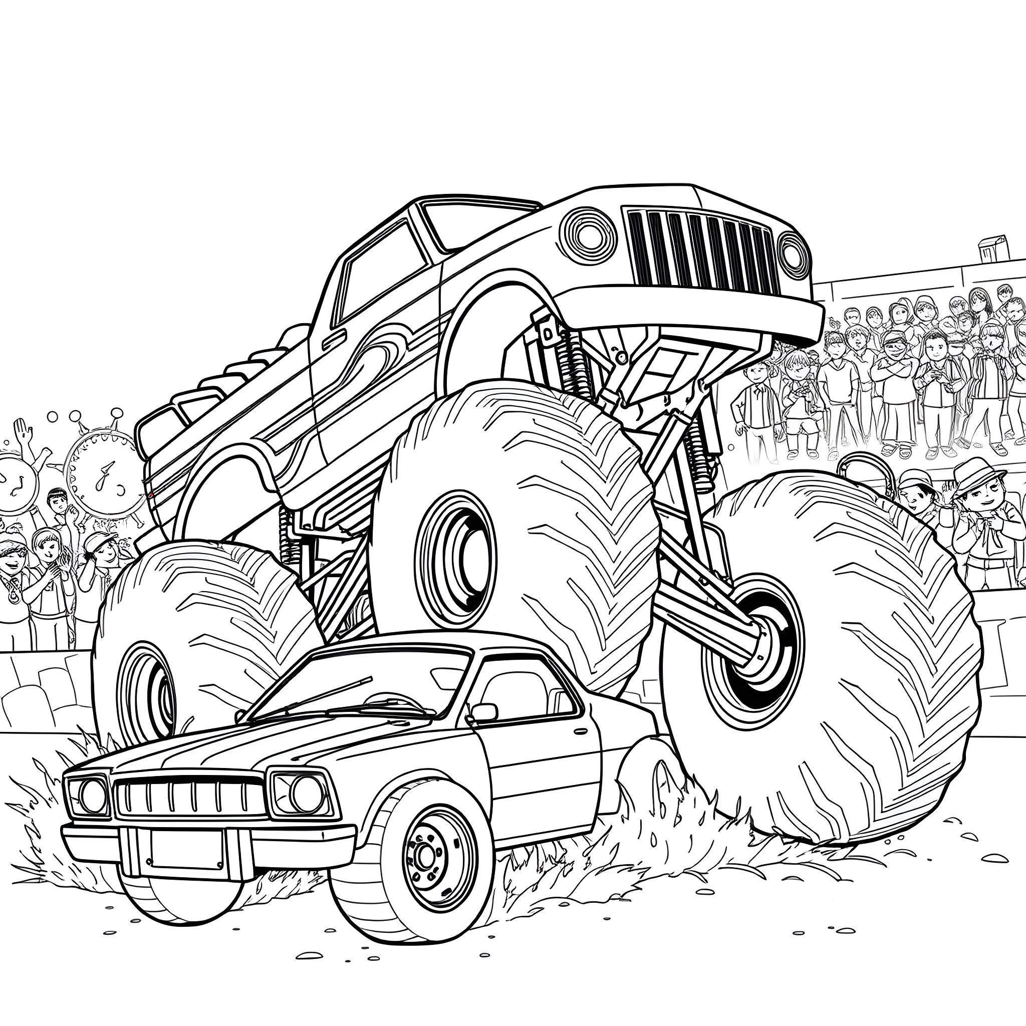 Monster Truck Crushing Small Car in Action-Packed Scene Coloring Page (free black-and-white line drawing printable PDF for all, from beginners to advanced learners, including children, teens, adults, and seniors)