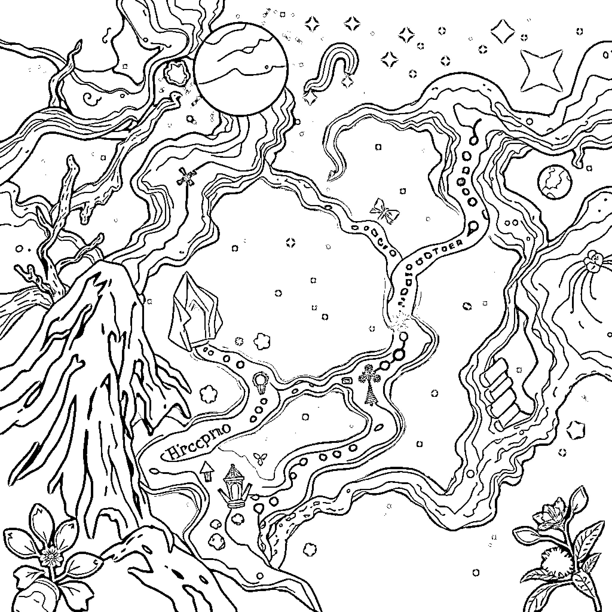 Map of Fantastical Landscape with Celestial Elements Coloring Page (free black-and-white line drawing printable PDF for all, from beginners to advanced learners, including children, teens, adults, and seniors)