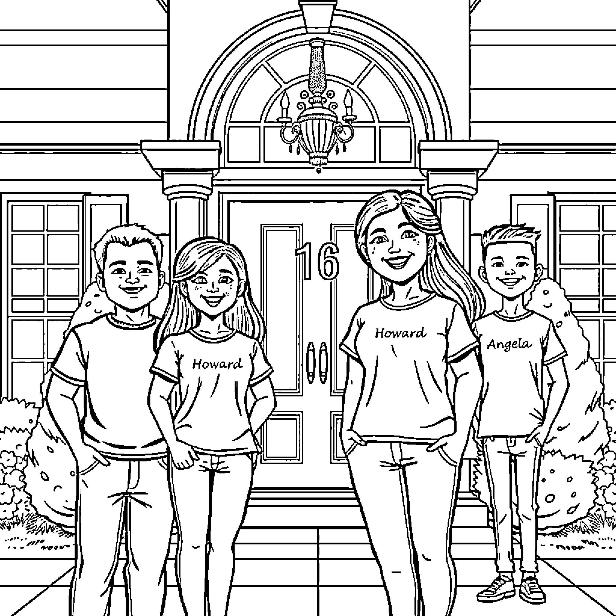 Family standing in front of a historic building Coloring Page (free black-and-white line drawing printable PDF for all, from beginners to advanced learners, including children, teens, adults, and seniors)