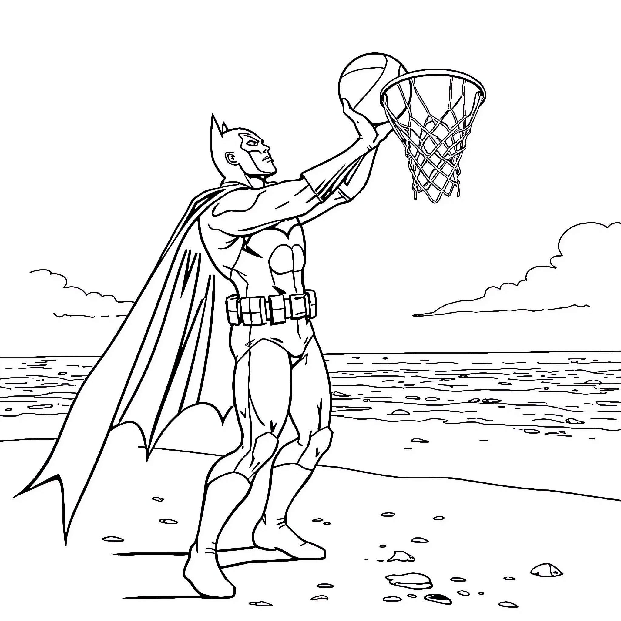 Batman playing basketball on the beach Coloring Page (free black-and-white line drawing printable PDF for all, from beginners to advanced learners, including children, teens, adults, and seniors)