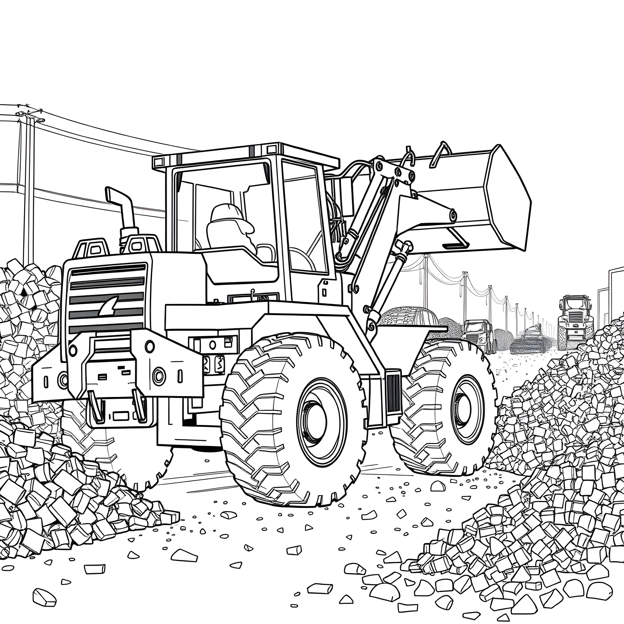Knuckleboom Loader Transporting Rock and Debris Coloring Page (free black-and-white line drawing printable PDF for all, from beginners to advanced learners, including children, teens, adults, and seniors)