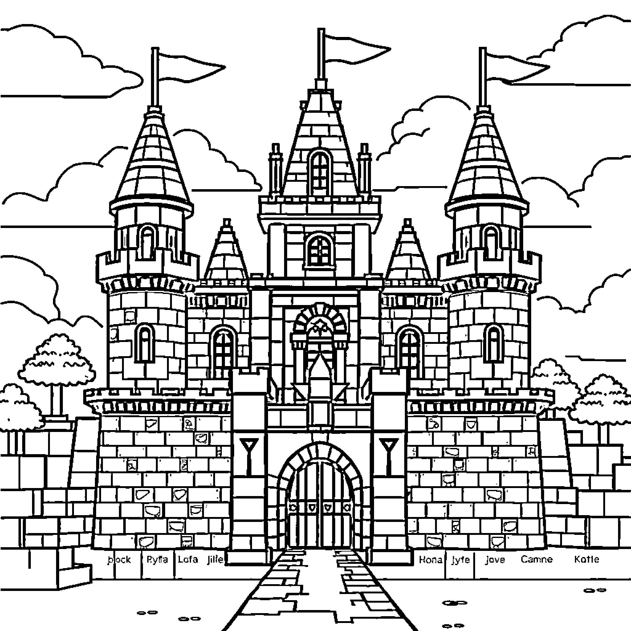 Minecraft Castle with Ornate Towers and Intricate Architecture Coloring Page (free black-and-white line drawing printable PDF for all, from beginners to advanced learners, including children, teens, adults, and seniors)