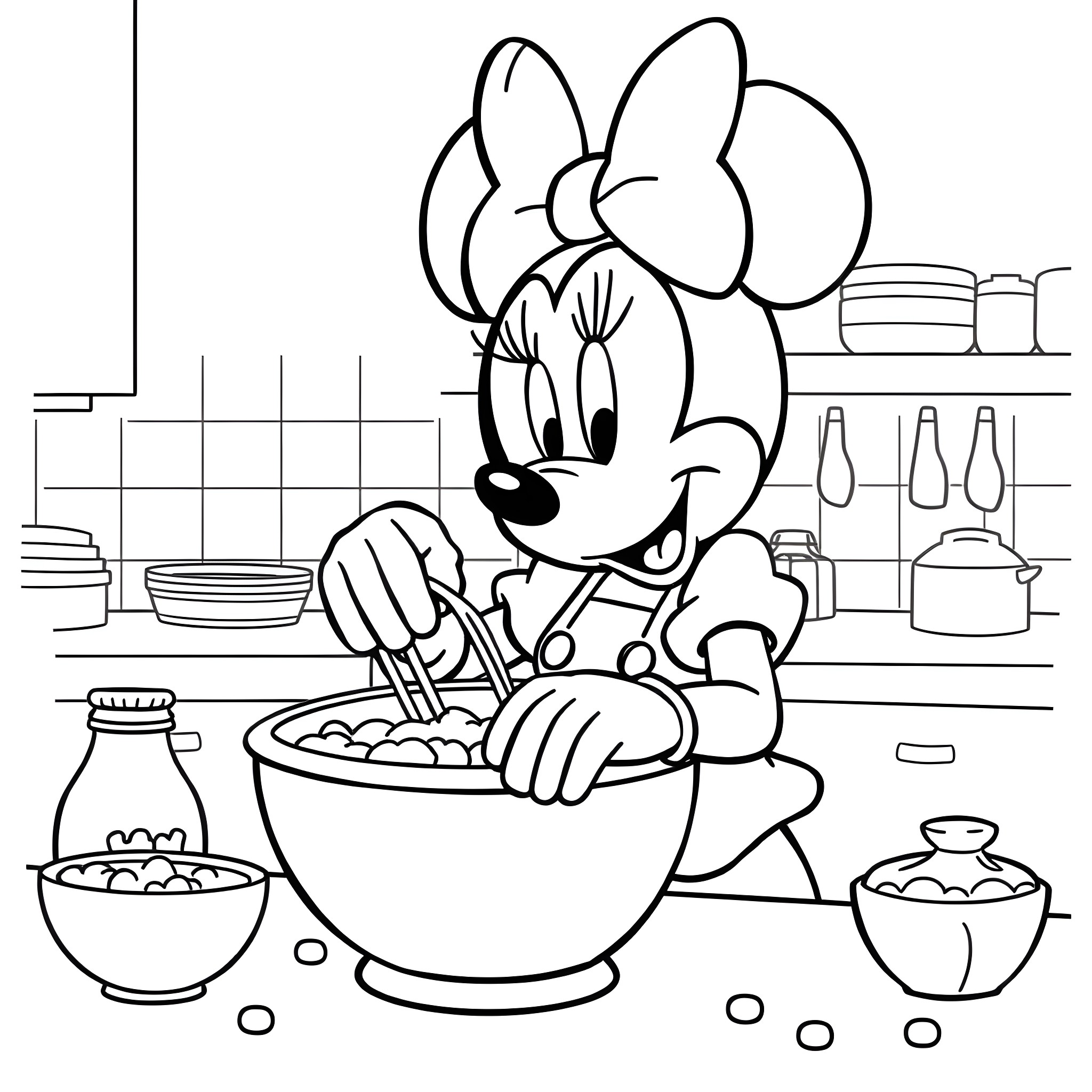 Minnie Mouse cooking in the kitchen Coloring Page (free black-and-white line drawing printable PDF for all, from beginners to advanced learners, including children, teens, adults, and seniors)