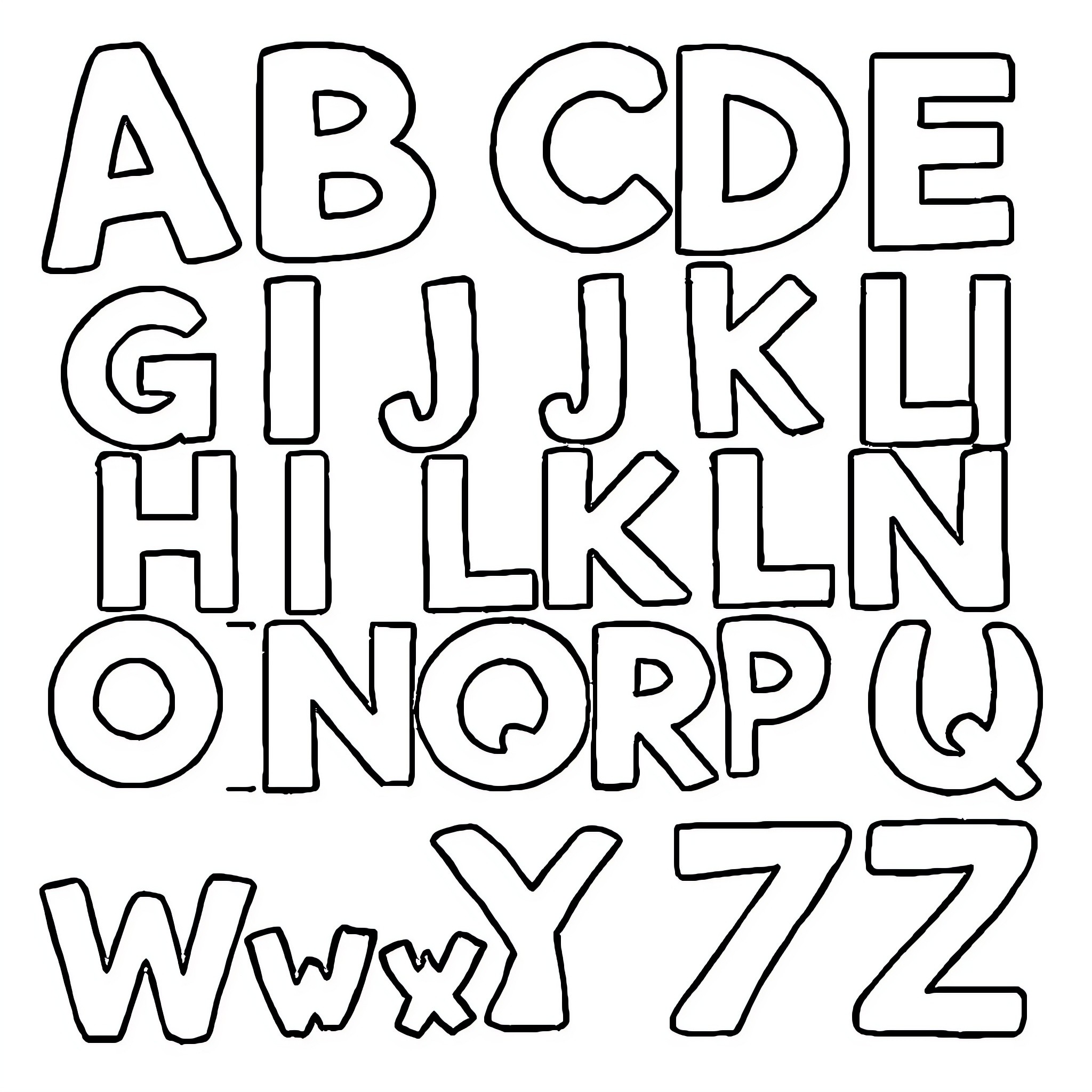 Alphabet letters in various stylized forms Coloring Page (free black-and-white line drawing printable PDF for all, from beginners to advanced learners, including children, teens, adults, and seniors)
