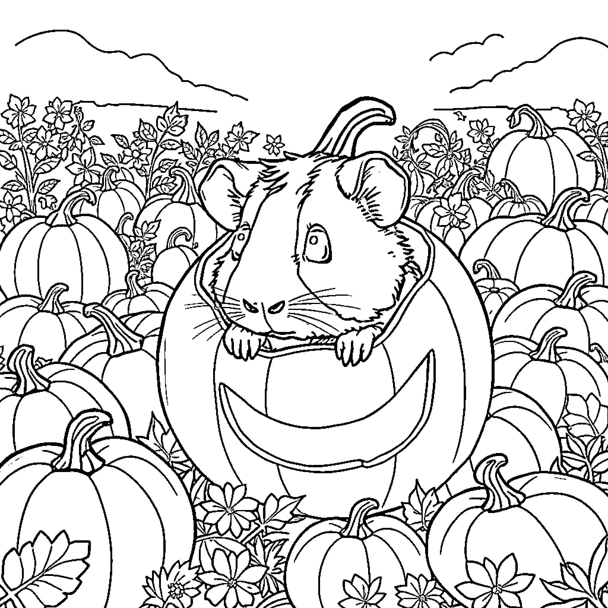 Guinea Pig Exploring a Pumpkin Patch Coloring Page (free black-and-white line drawing printable PDF for all, from beginners to advanced learners, including children, teens, adults, and seniors)