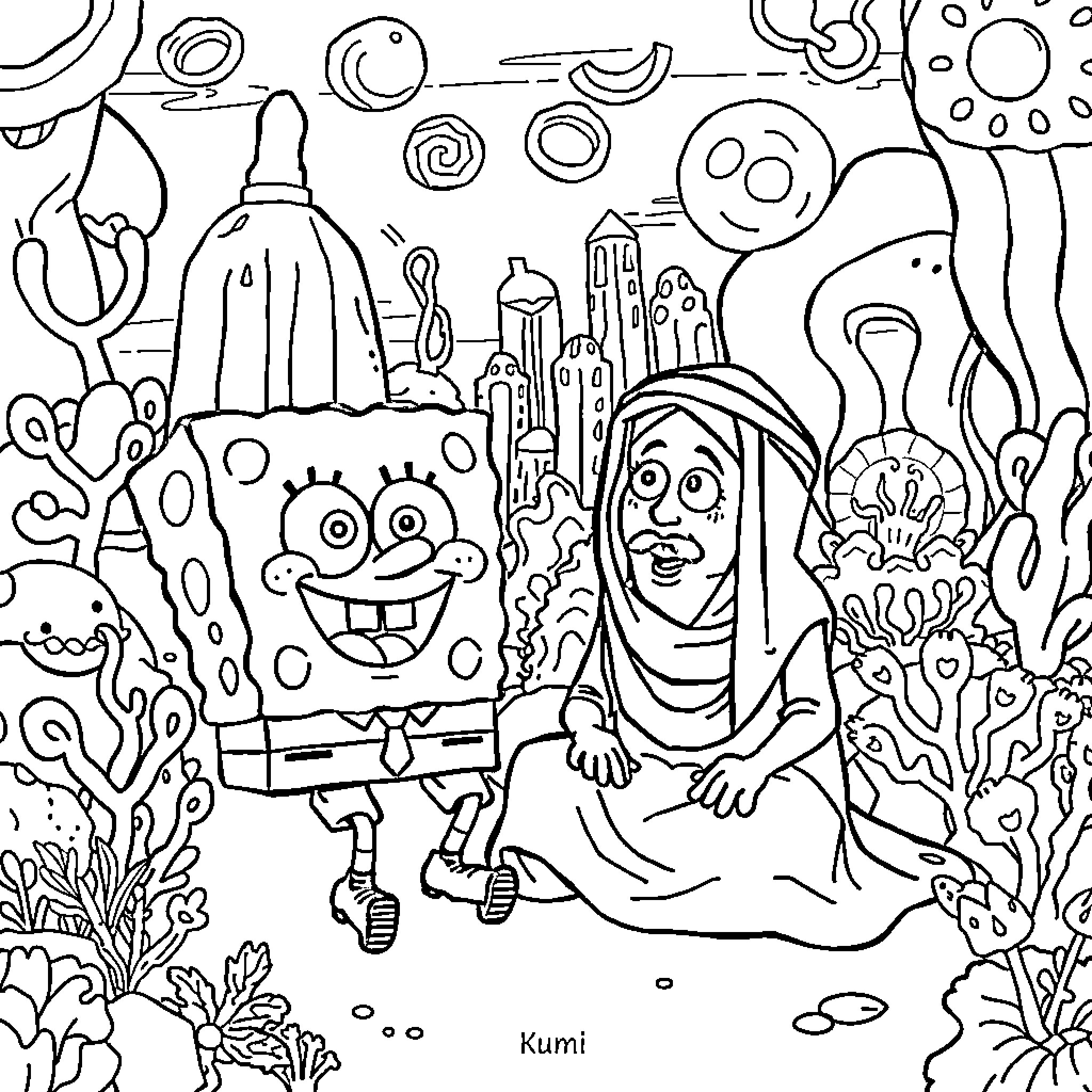 Rumi's Whimsical Underwater Adventure Coloring Page (free black-and-white line drawing printable PDF for all, from beginners to advanced learners, including children, teens, adults, and seniors)