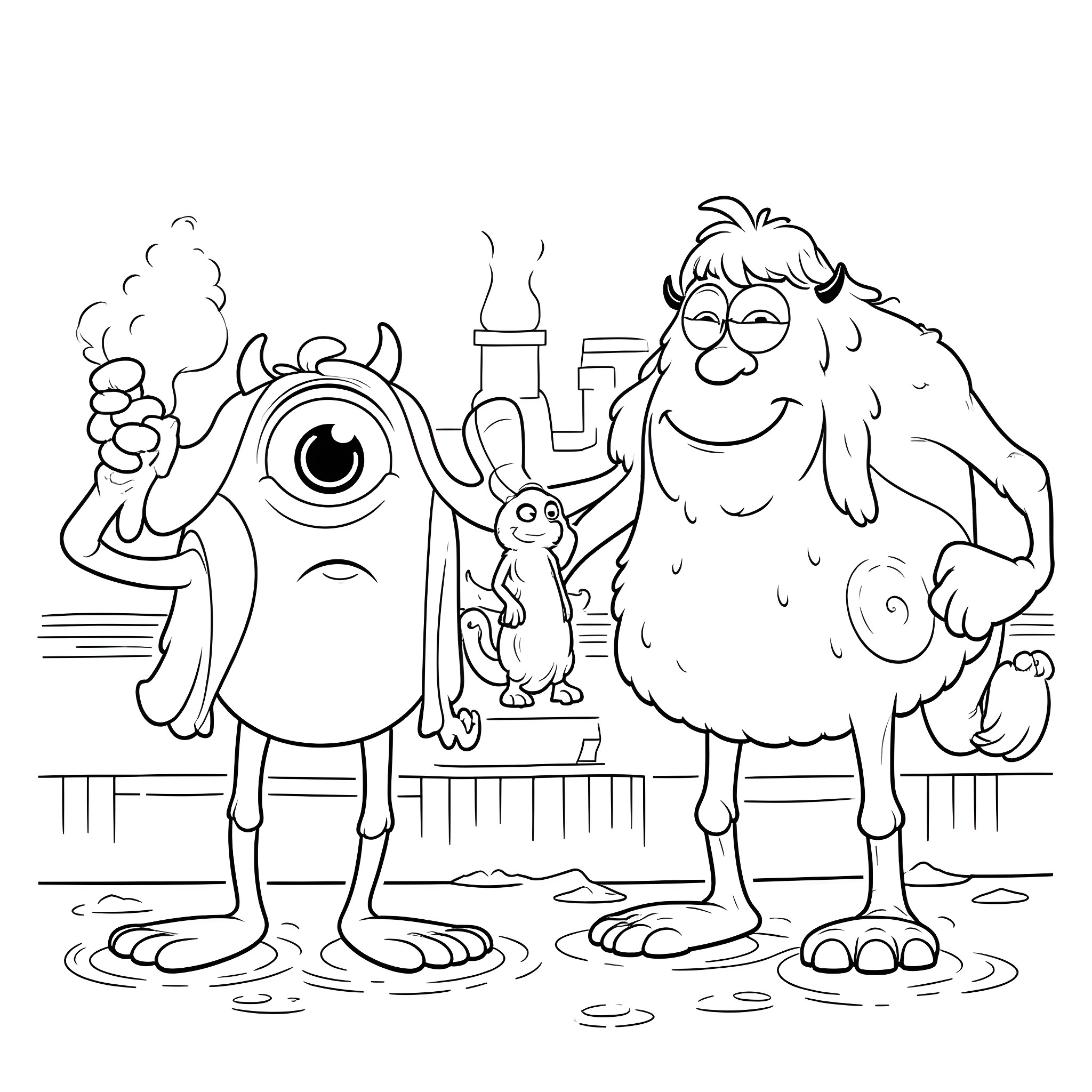 Monster Characters in Silly Poses Coloring Page (free black-and-white line drawing printable PDF for all, from beginners to advanced learners, including children, teens, adults, and seniors)