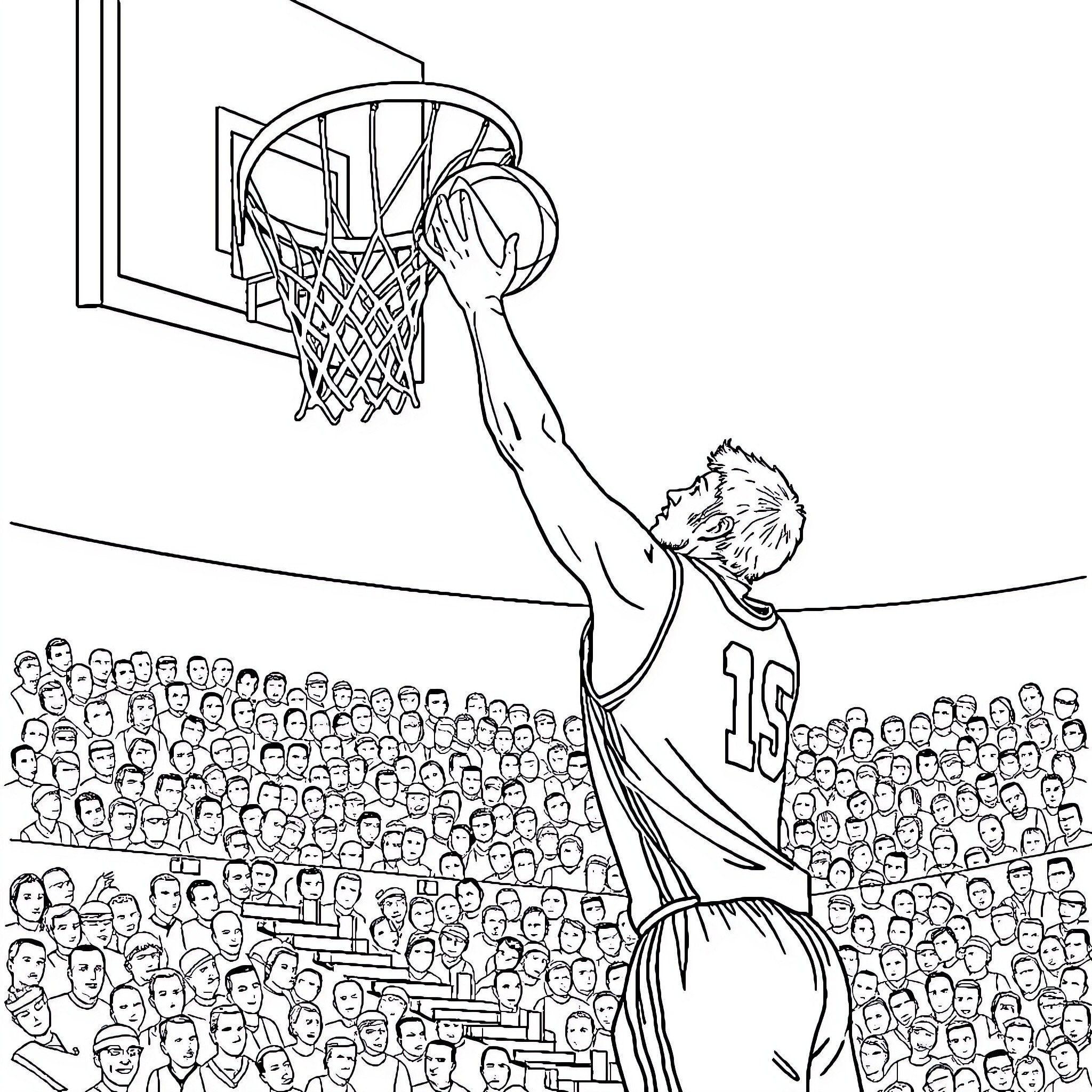 Thing shooting basketball through hoop with audience Coloring Page (free black-and-white line drawing printable PDF for all, from beginners to advanced learners, including children, teens, adults, and seniors)