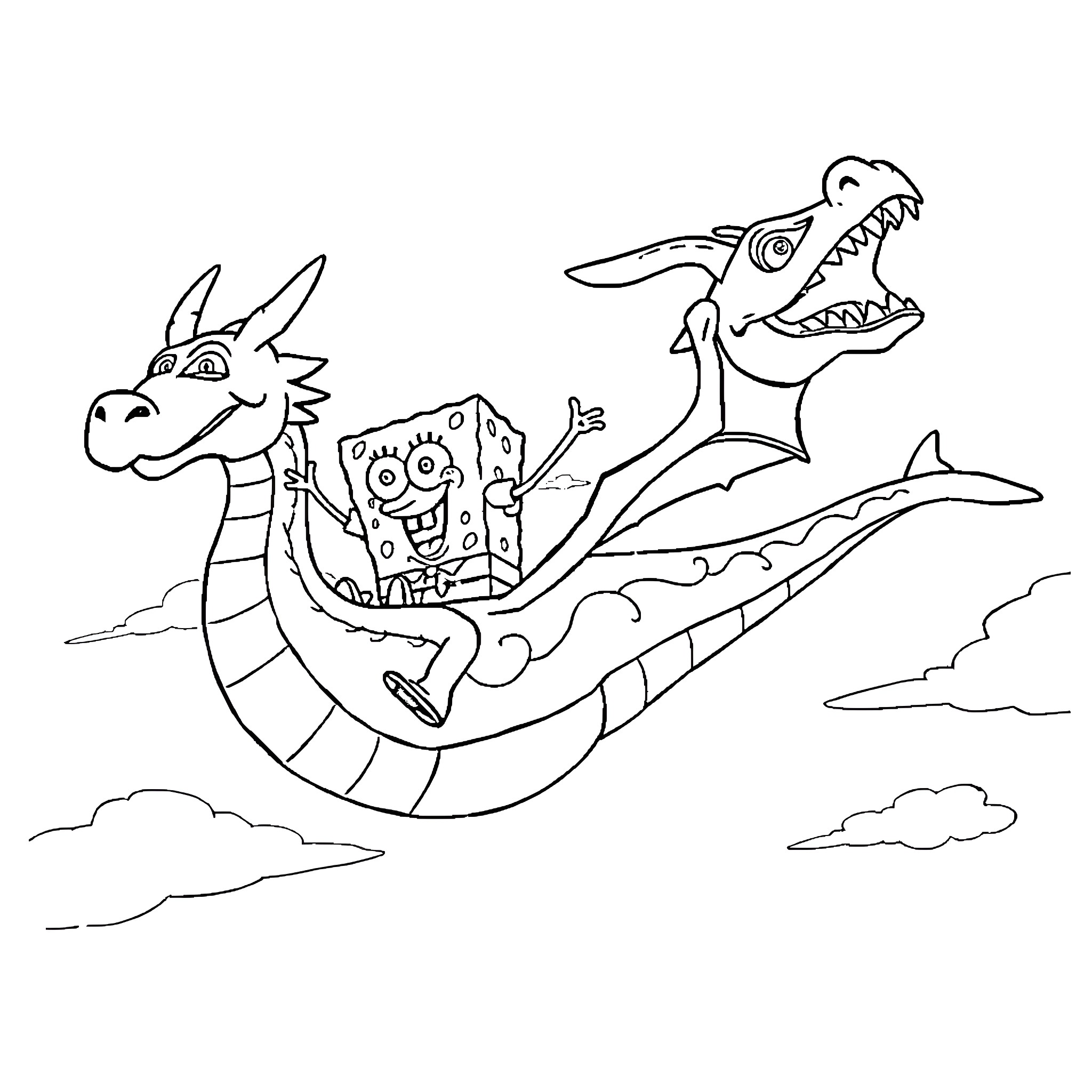 Spongebob riding a friendly dragon through the clouds Coloring Page (free black-and-white line drawing printable PDF for all, from beginners to advanced learners, including children, teens, adults, and seniors)