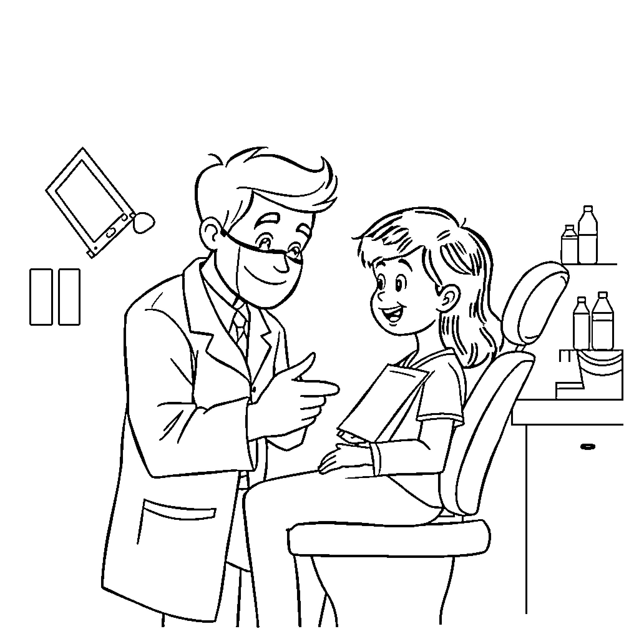 Dentist examining patient in dental office Coloring Page (free black-and-white line drawing printable PDF for all, from beginners to advanced learners, including children, teens, adults, and seniors)