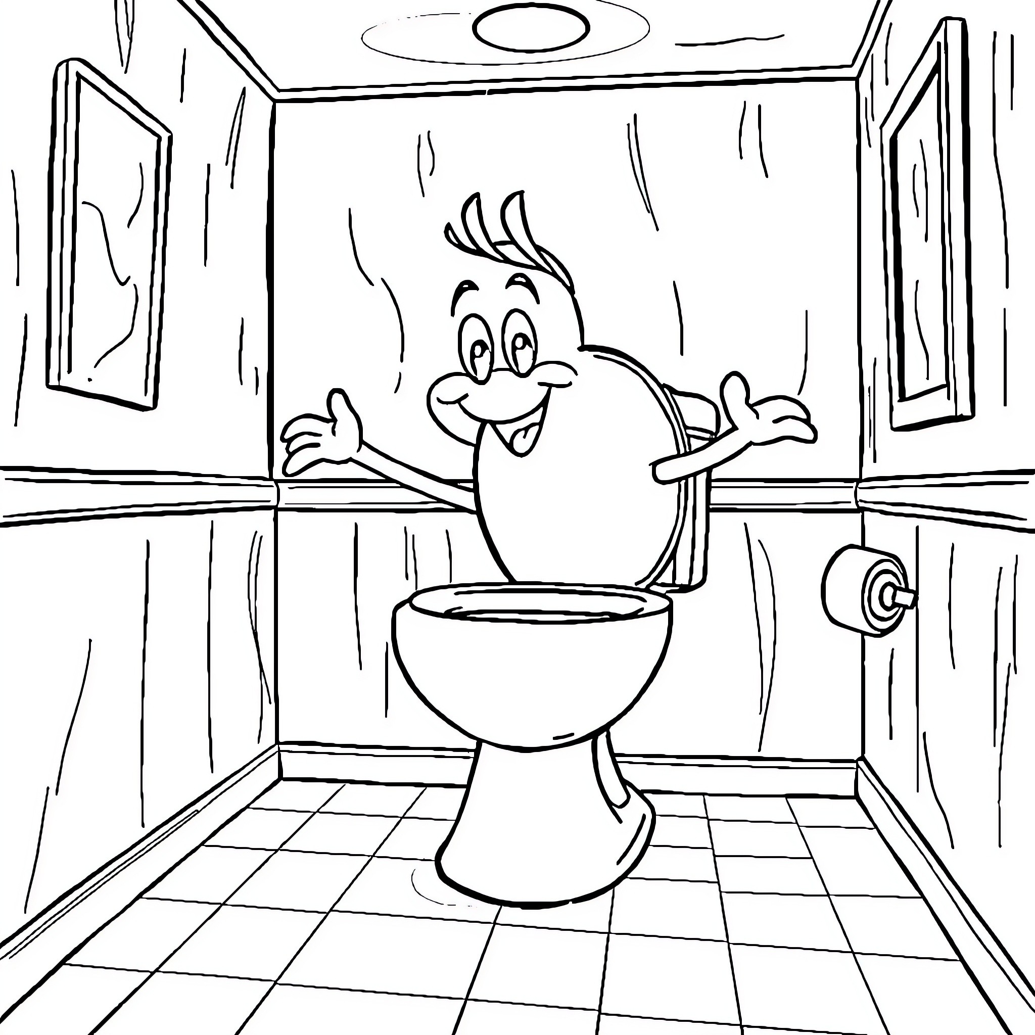 Skibbidi Toilet: Cartoon Character in Bathroom Coloring Page (free black-and-white line drawing printable PDF for all, from beginners to advanced learners, including children, teens, adults, and seniors)