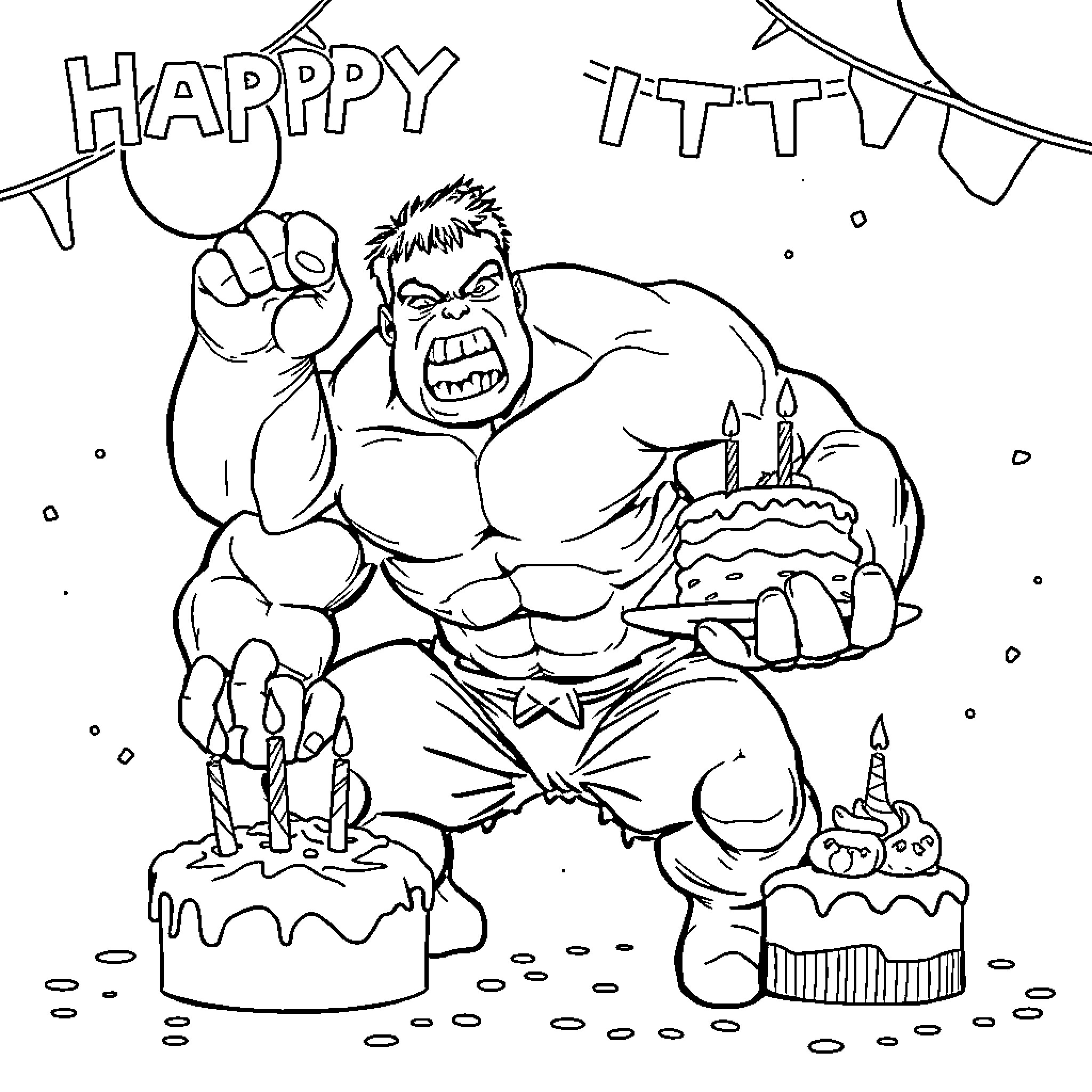 Hulk celebrates birthday with cake and excitement Coloring Page (free black-and-white line drawing printable PDF for all, from beginners to advanced learners, including children, teens, adults, and seniors)