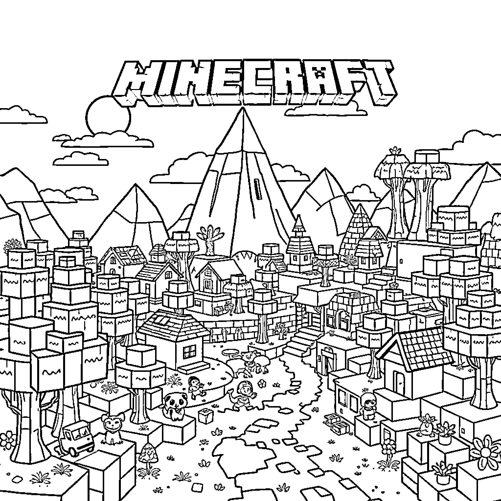Minecraft Blocky World with Diverse Buildings and Nature Coloring Page (free black-and-white line drawing printable PDF for all, from beginners to advanced learners, including children, teens, adults, and seniors)