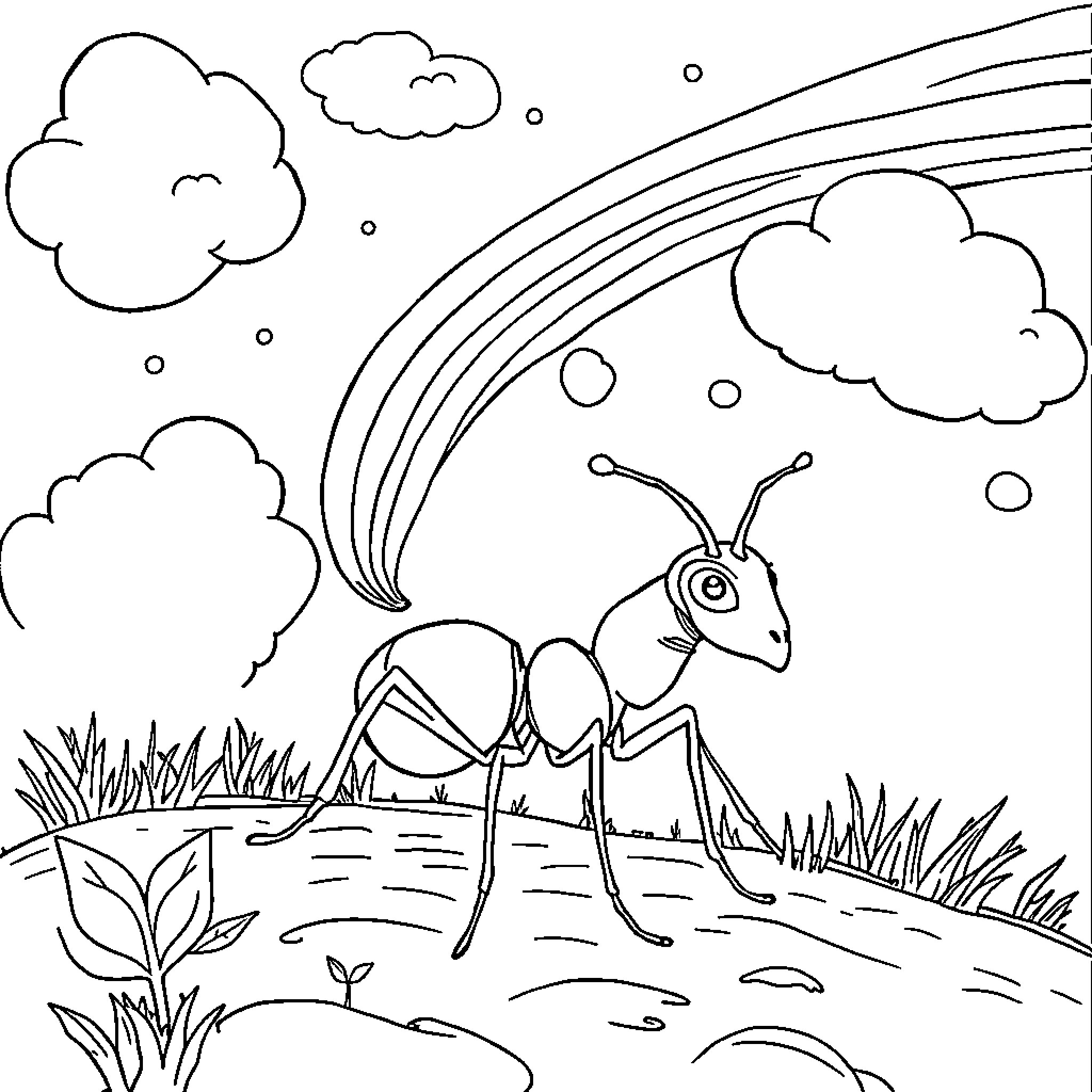 Ant exploring the rainbow in the sky Coloring Page (free black-and-white line drawing printable PDF for all, from beginners to advanced learners, including children, teens, adults, and seniors)