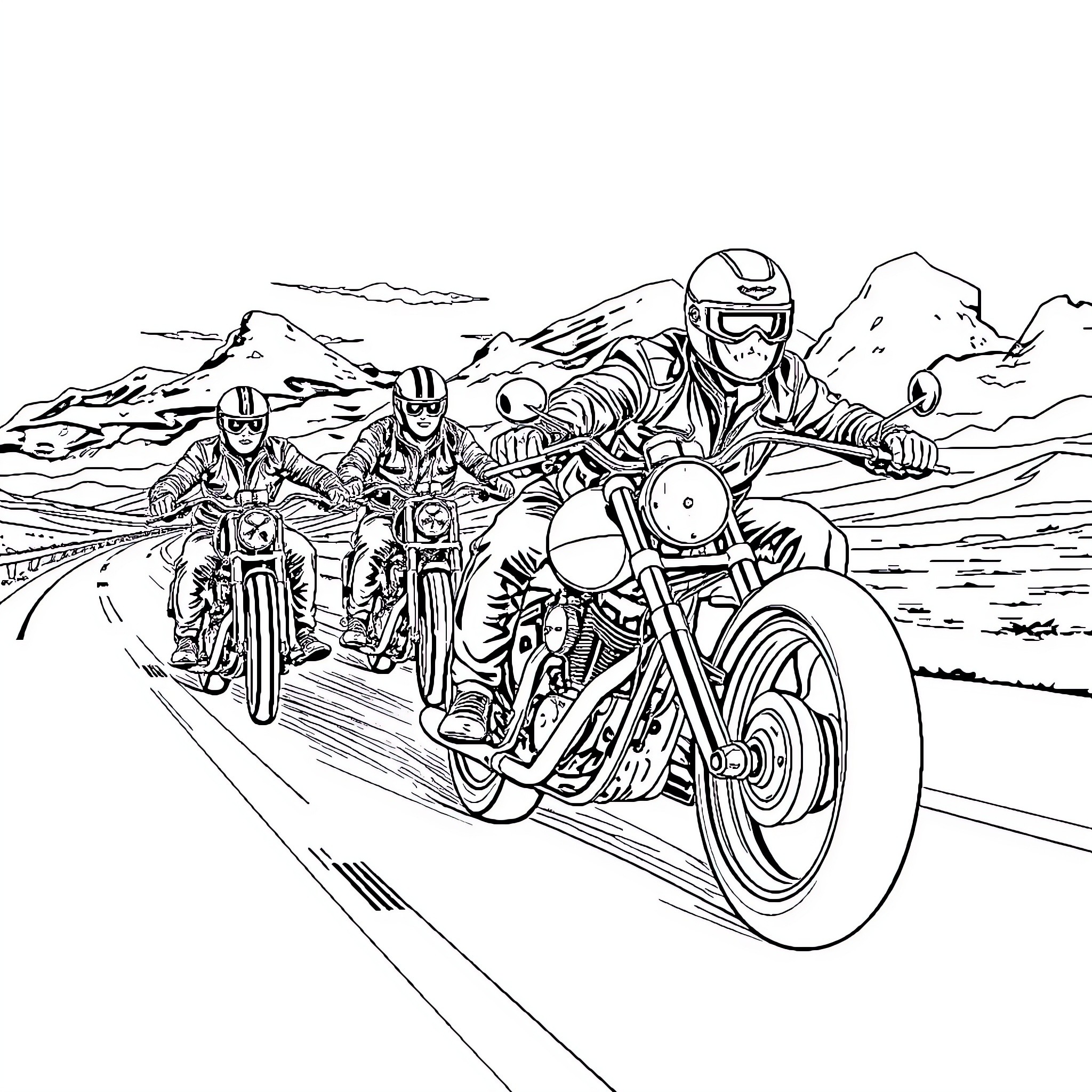 Bikers riding motorcycles through rugged terrain Coloring Page (free black-and-white line drawing printable PDF for all, from beginners to advanced learners, including children, teens, adults, and seniors)