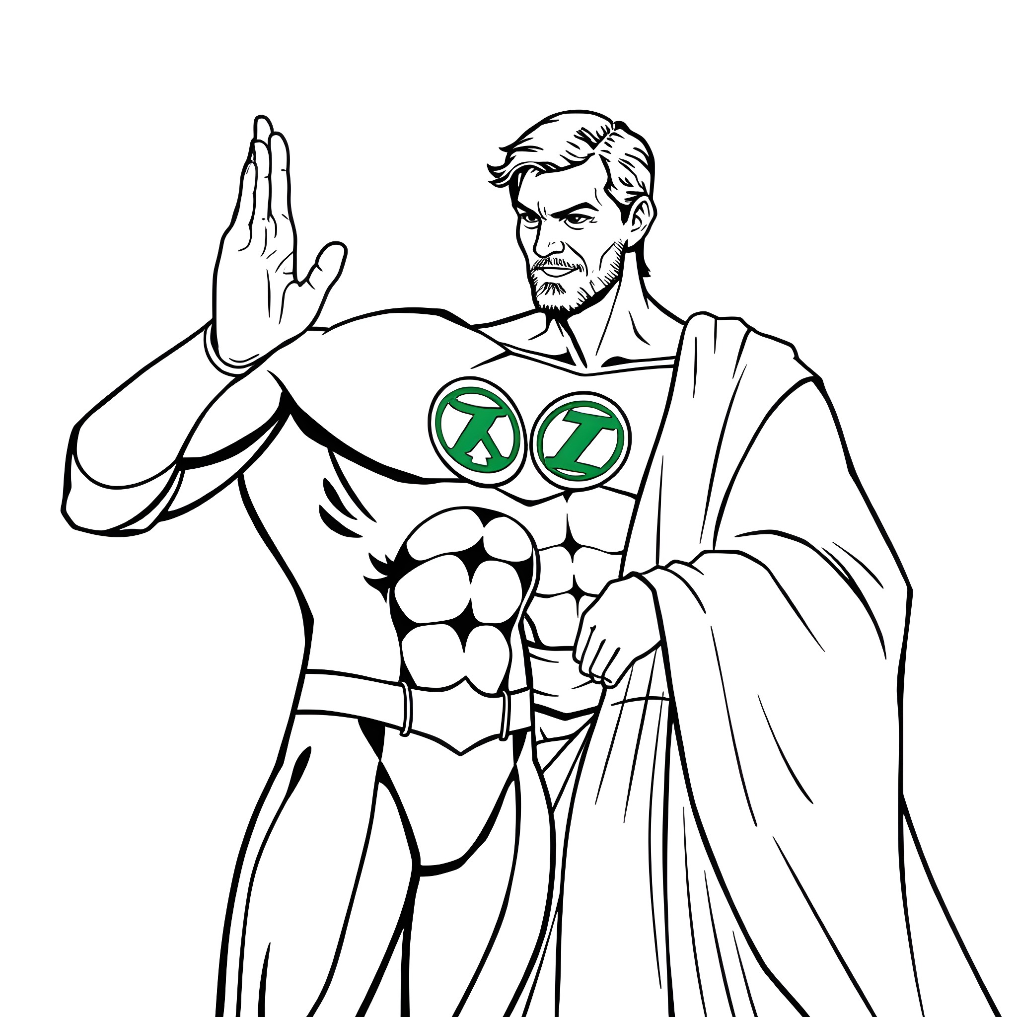 Green Lantern heroically poses in action Coloring Page (free black-and-white line drawing printable PDF for all, from beginners to advanced learners, including children, teens, adults, and seniors)