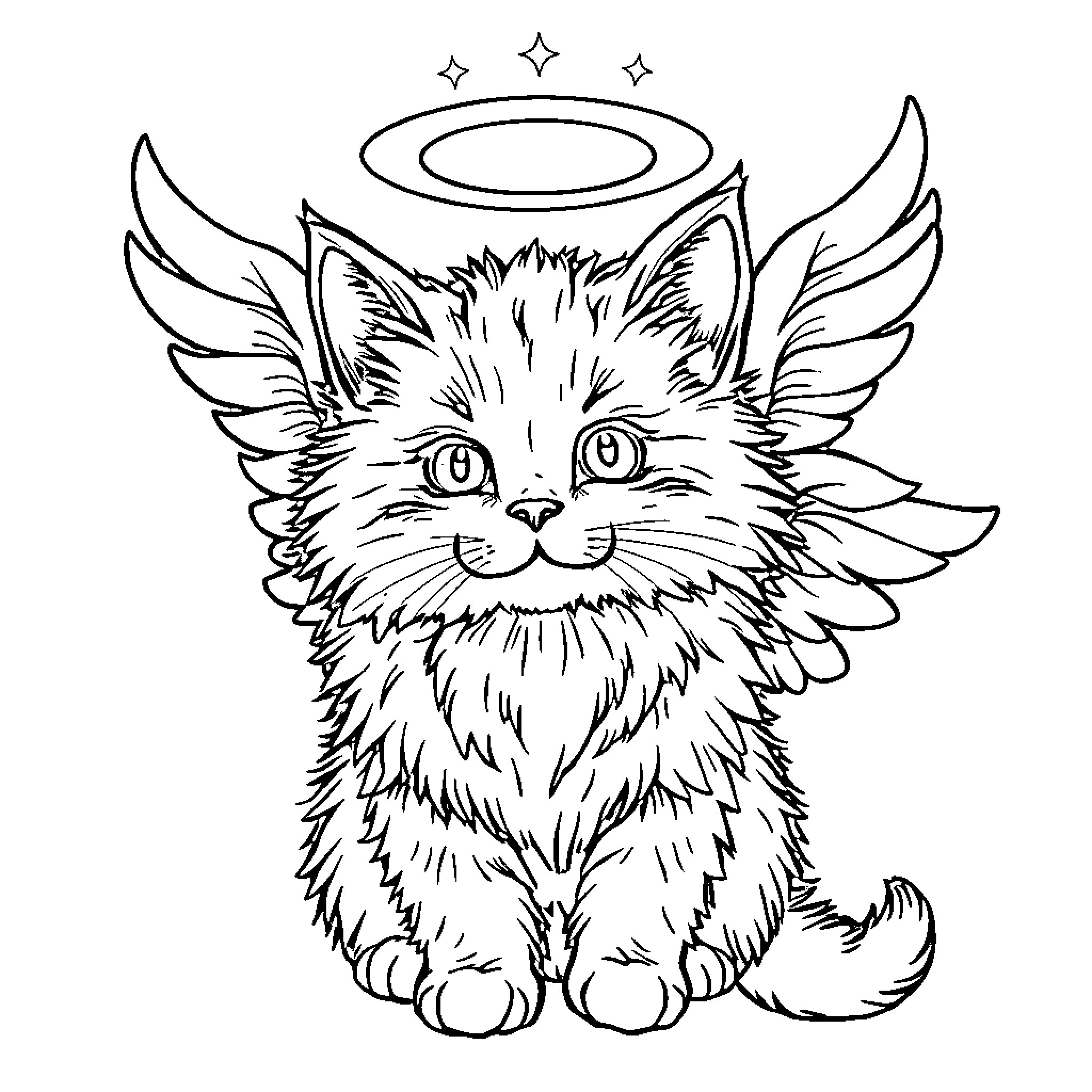Cat with angelic wings and halo Coloring Page (free black-and-white line drawing printable PDF for all, from beginners to advanced learners, including children, teens, adults, and seniors)