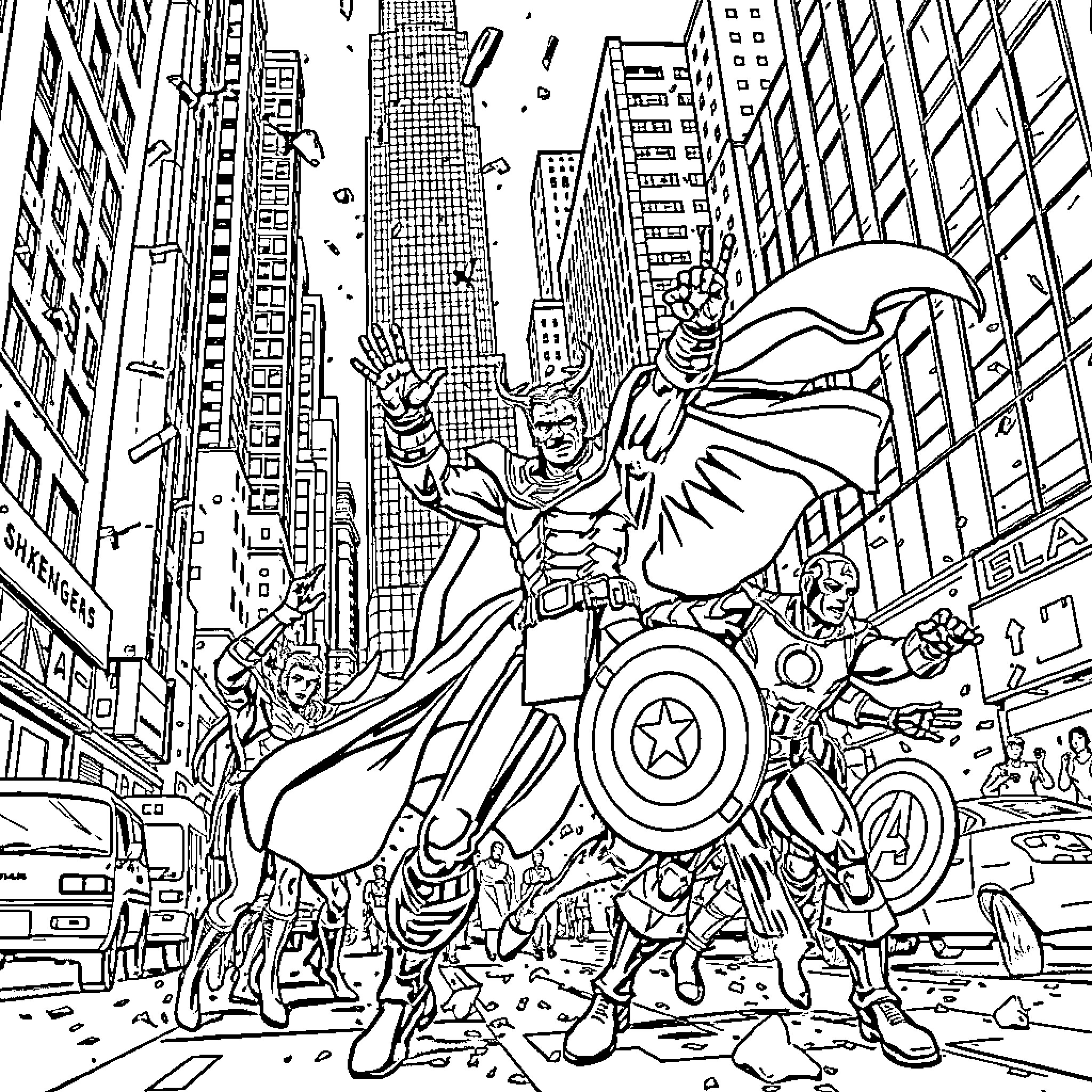 Avenger heroes in action amid the cityscape Coloring Page (free black-and-white line drawing printable PDF for all, from beginners to advanced learners, including children, teens, adults, and seniors)