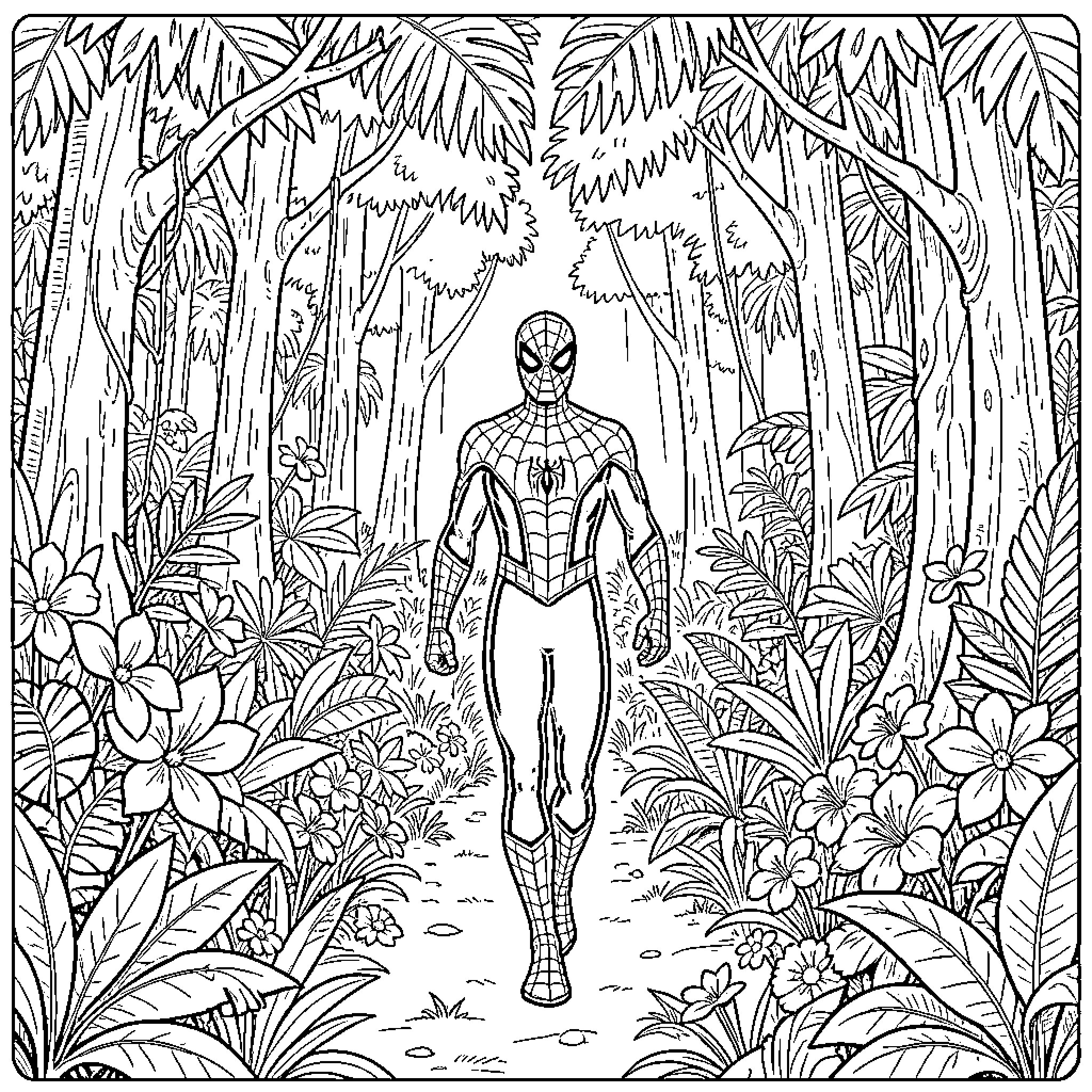 Spiderman in a Lush, Tropical Jungle Coloring Page (free black-and-white line drawing printable PDF for all, from beginners to advanced learners, including children, teens, adults, and seniors)