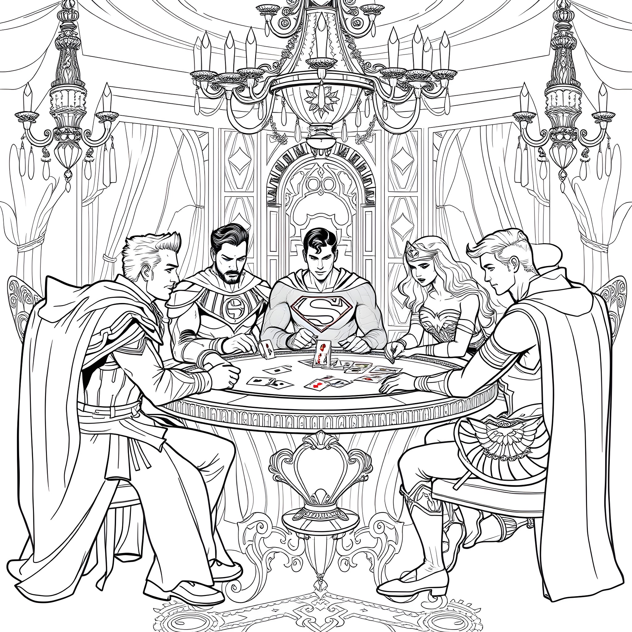 Prince's Heroic Gathering in Opulent Throne Room Coloring Page (free black-and-white line drawing printable PDF for all, from beginners to advanced learners, including children, teens, adults, and seniors)
