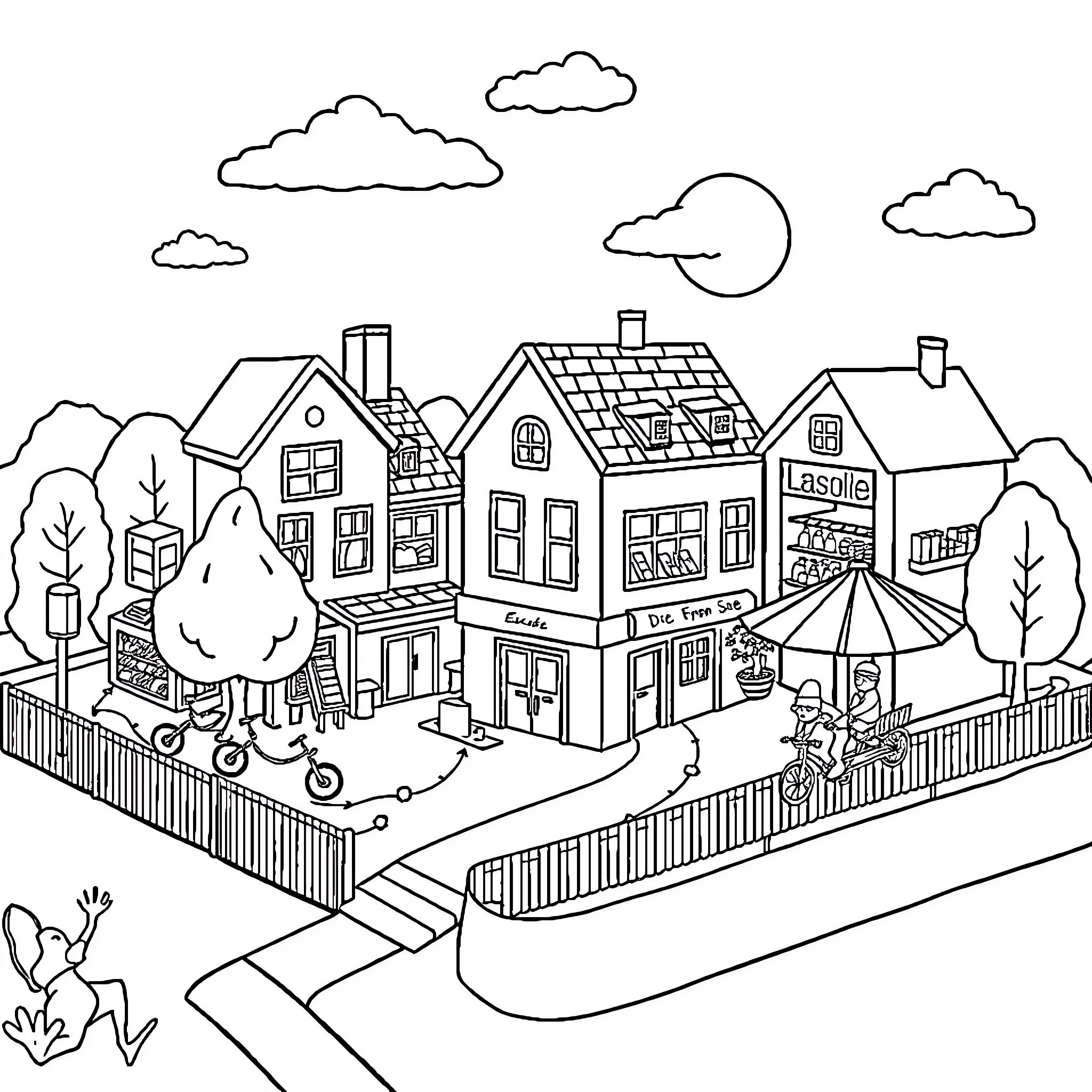 Mini Ville - Quaint Town with Lively Shops and Pedestrians Coloring Page (free black-and-white line drawing printable PDF for all, from beginners to advanced learners, including children, teens, adults, and seniors)