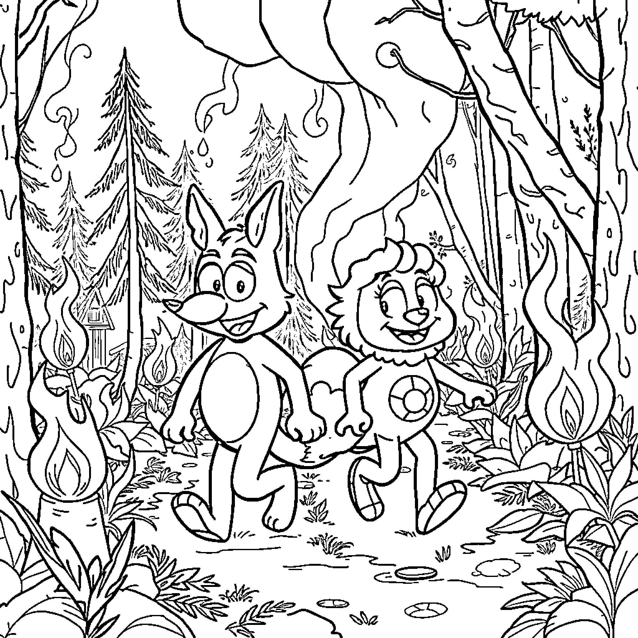 Bluey's Forest Adventure Coloring Page (free black-and-white line drawing printable PDF for all, from beginners to advanced learners, including children, teens, adults, and seniors)