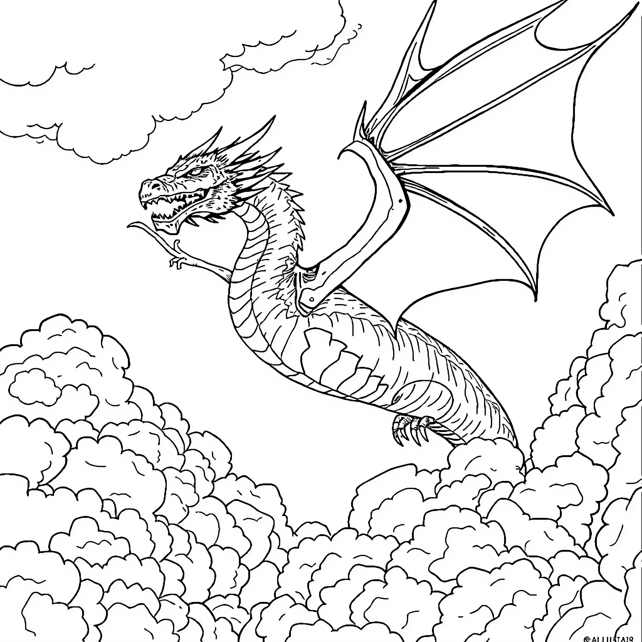 Dragon Soaring Through Cloudy Skies Coloring Page (free black-and-white line drawing printable PDF for all, from beginners to advanced learners, including children, teens, adults, and seniors)