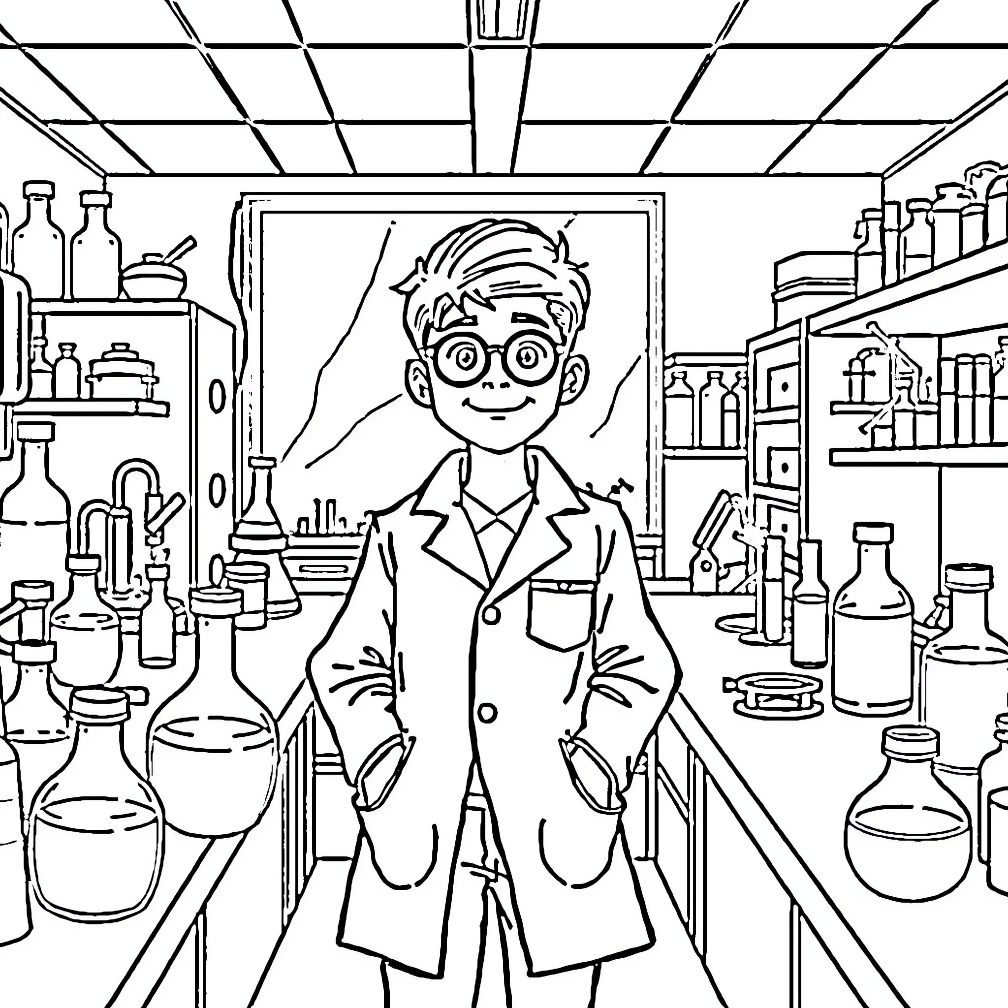 Student scientist in a laboratory with scientific equipment Coloring Page (free black-and-white line drawing printable PDF for all, from beginners to advanced learners, including children, teens, adults, and seniors)