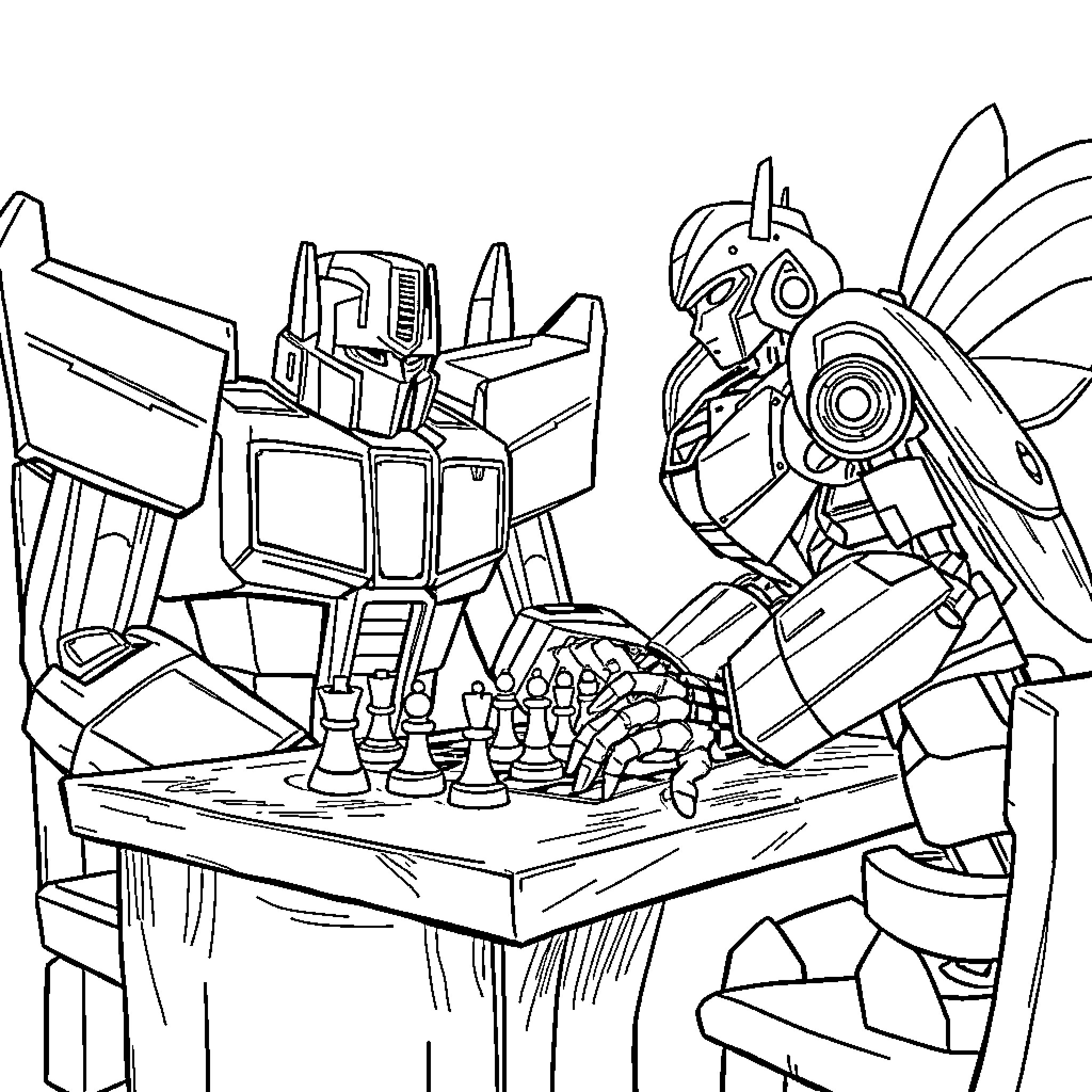 Optimus Prime playing chess with Insecticons Coloring Page (free black-and-white line drawing printable PDF for all, from beginners to advanced learners, including children, teens, adults, and seniors)