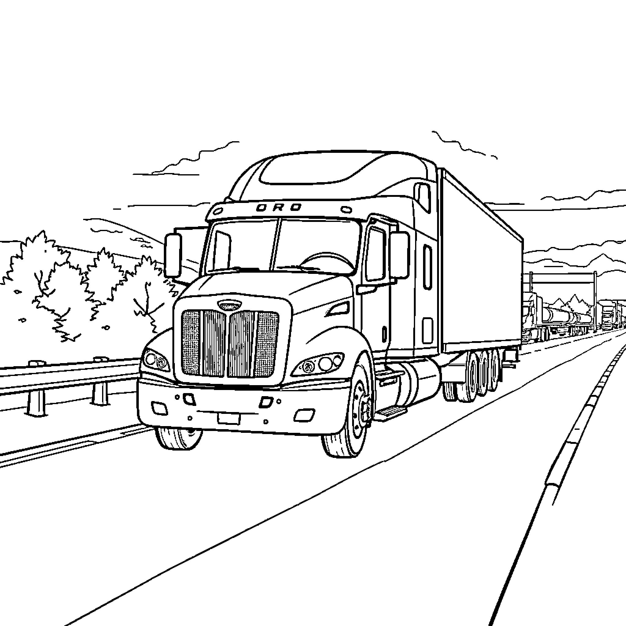 Semi Truck Hauling Cargo on the Highway Coloring Page (free black-and-white line drawing printable PDF for all, from beginners to advanced learners, including children, teens, adults, and seniors)
