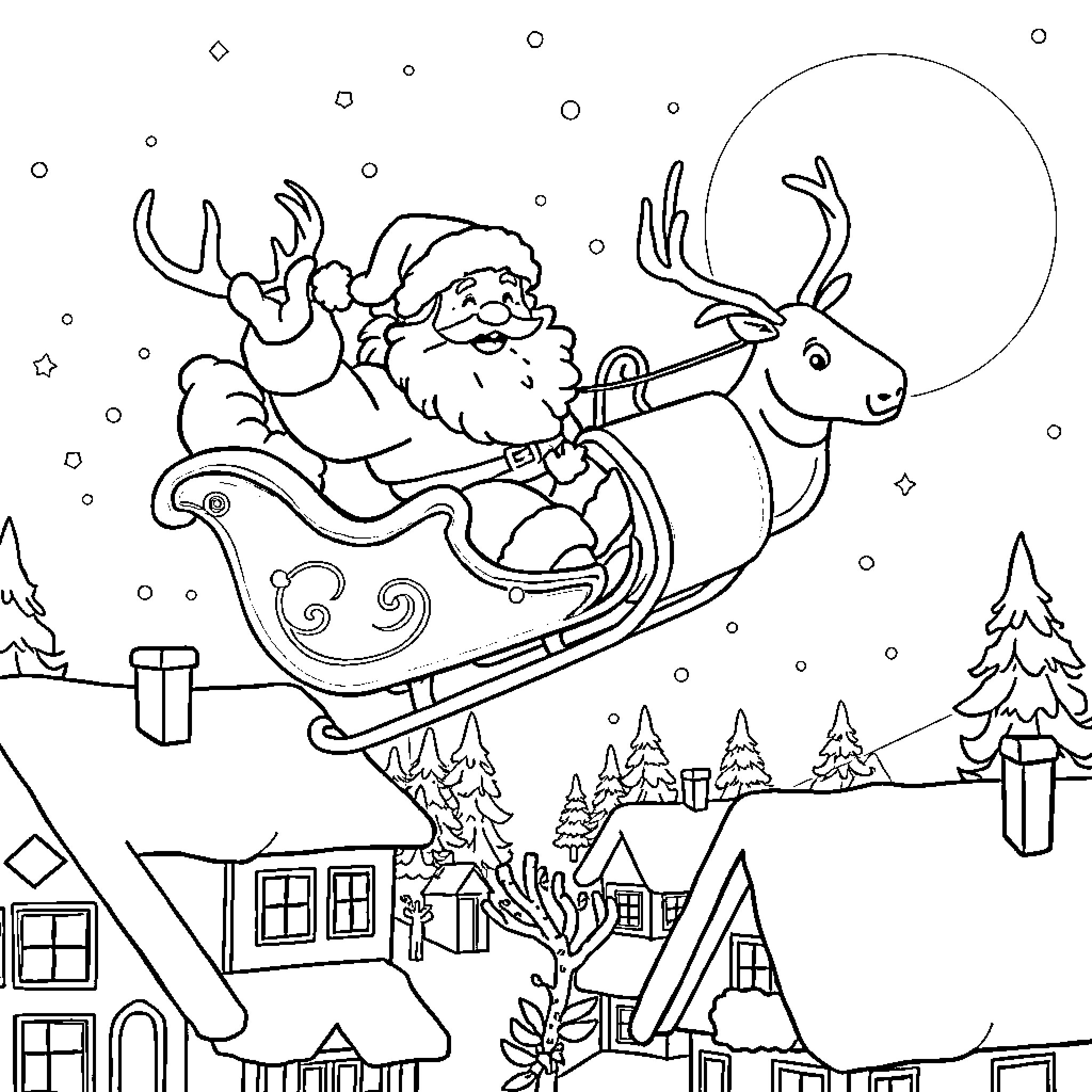 Santa riding his sleigh with reindeer on a winter night Coloring Page (free black-and-white line drawing printable PDF for all, from beginners to advanced learners, including children, teens, adults, and seniors)