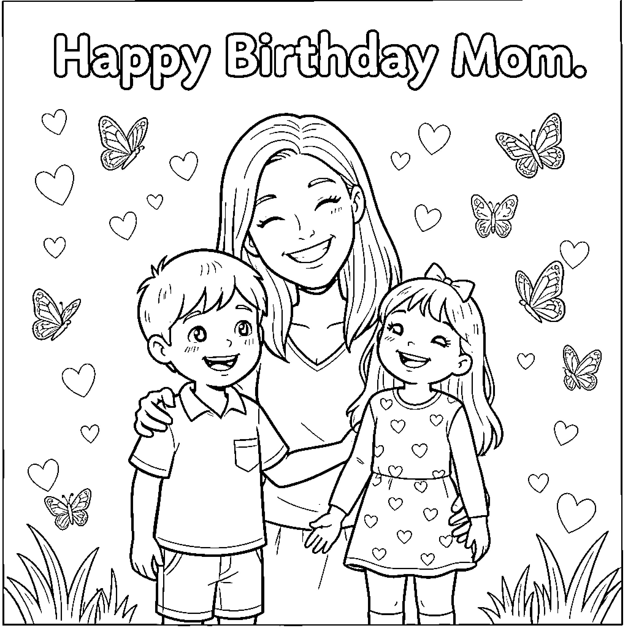 Mom smiling happily while hugging her two children Coloring Page (free black-and-white line drawing printable PDF for all, from beginners to advanced learners, including children, teens, adults, and seniors)