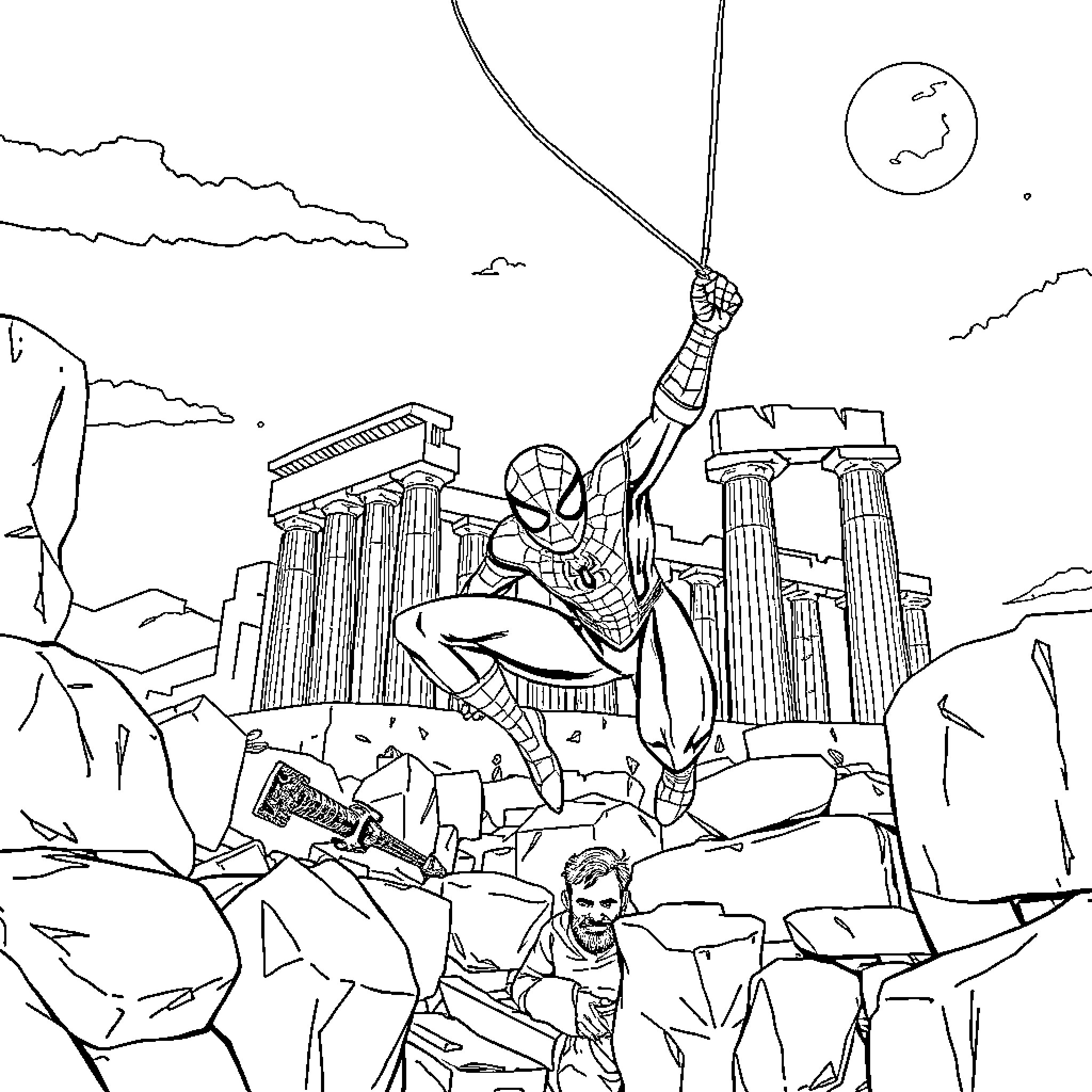 Spiderman swinging through a damaged city landscape Coloring Page (free black-and-white line drawing printable PDF for all, from beginners to advanced learners, including children, teens, adults, and seniors)