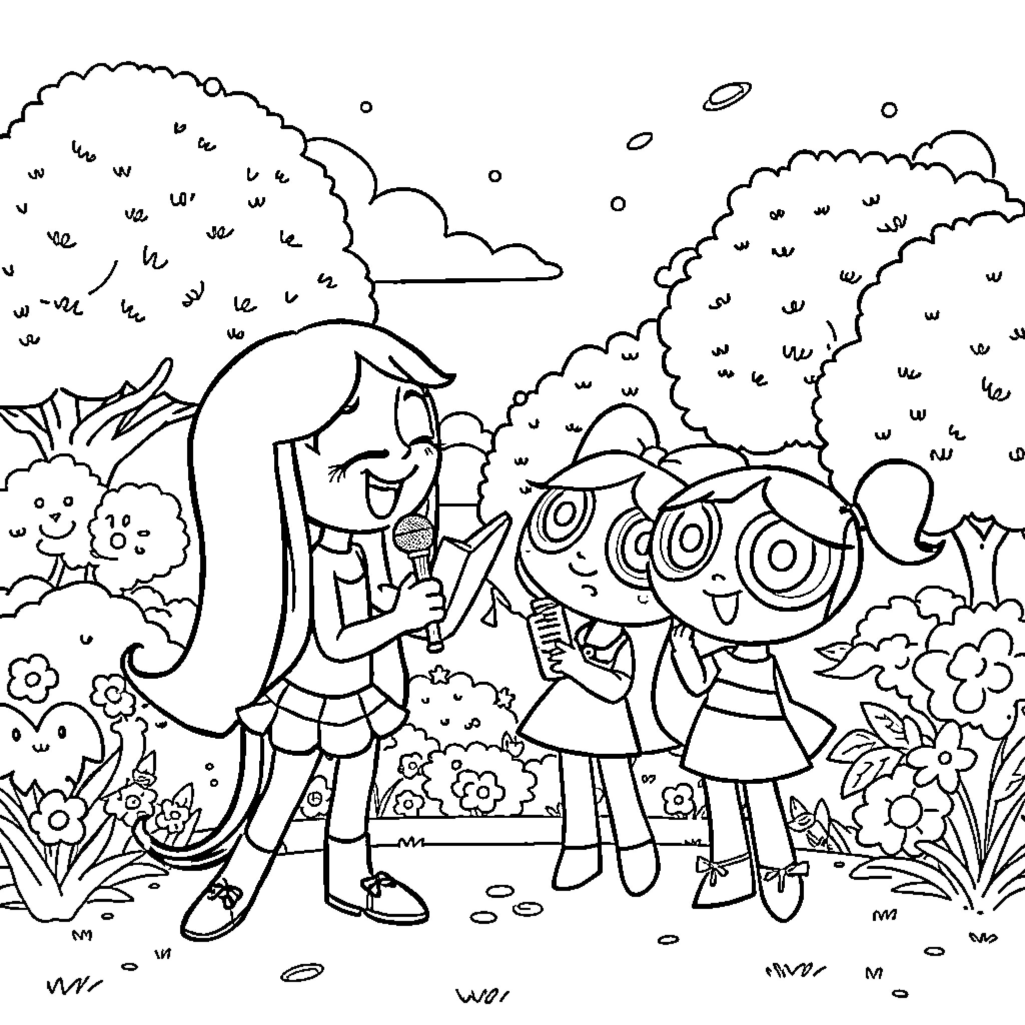 Huntrix and Friends Explore the Enchanting Outdoors Coloring Page (free black-and-white line drawing printable PDF for all, from beginners to advanced learners, including children, teens, adults, and seniors)