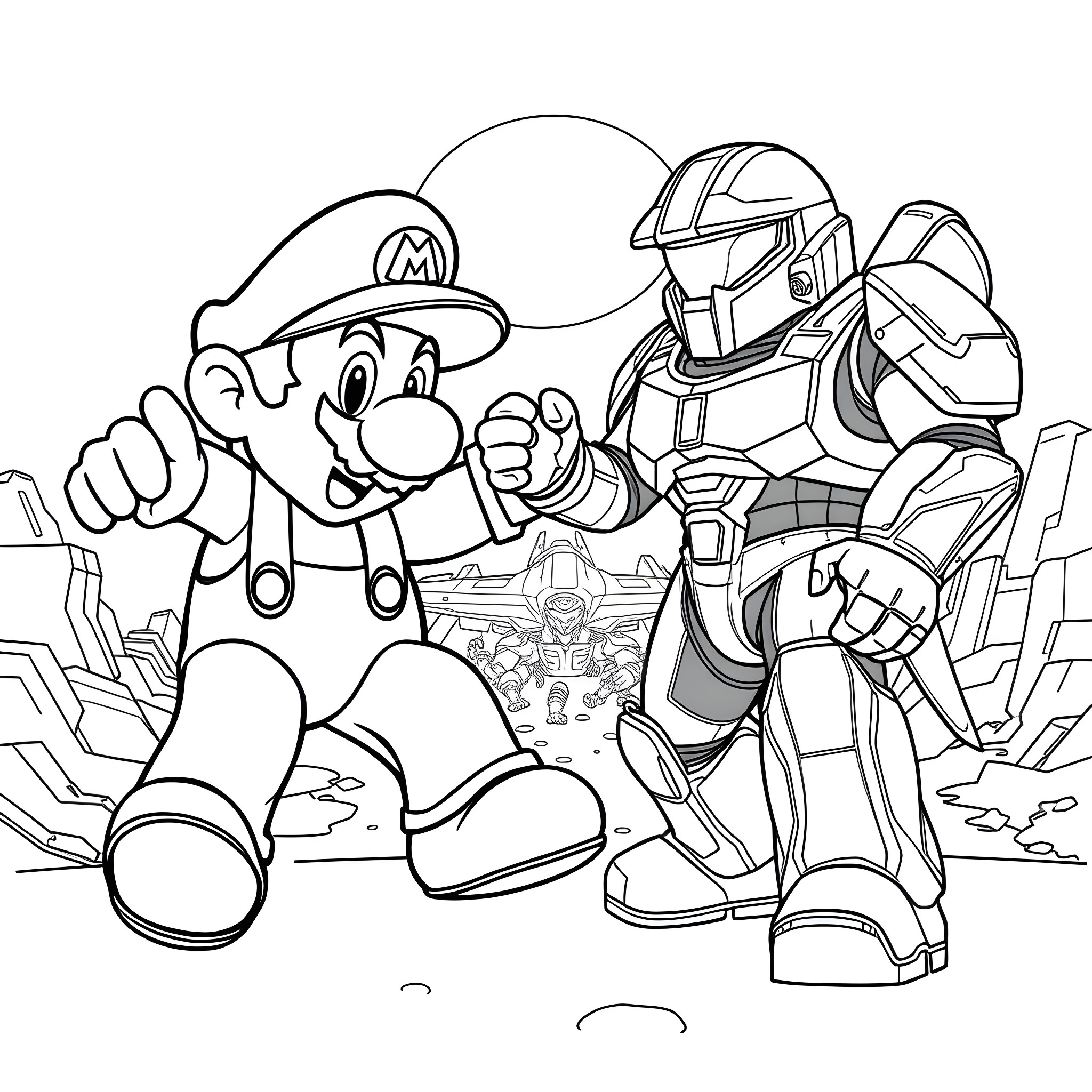 Mario Meets a Futuristic Robot in a Destroyed Landscape Coloring Page (free black-and-white line drawing printable PDF for all, from beginners to advanced learners, including children, teens, adults, and seniors)