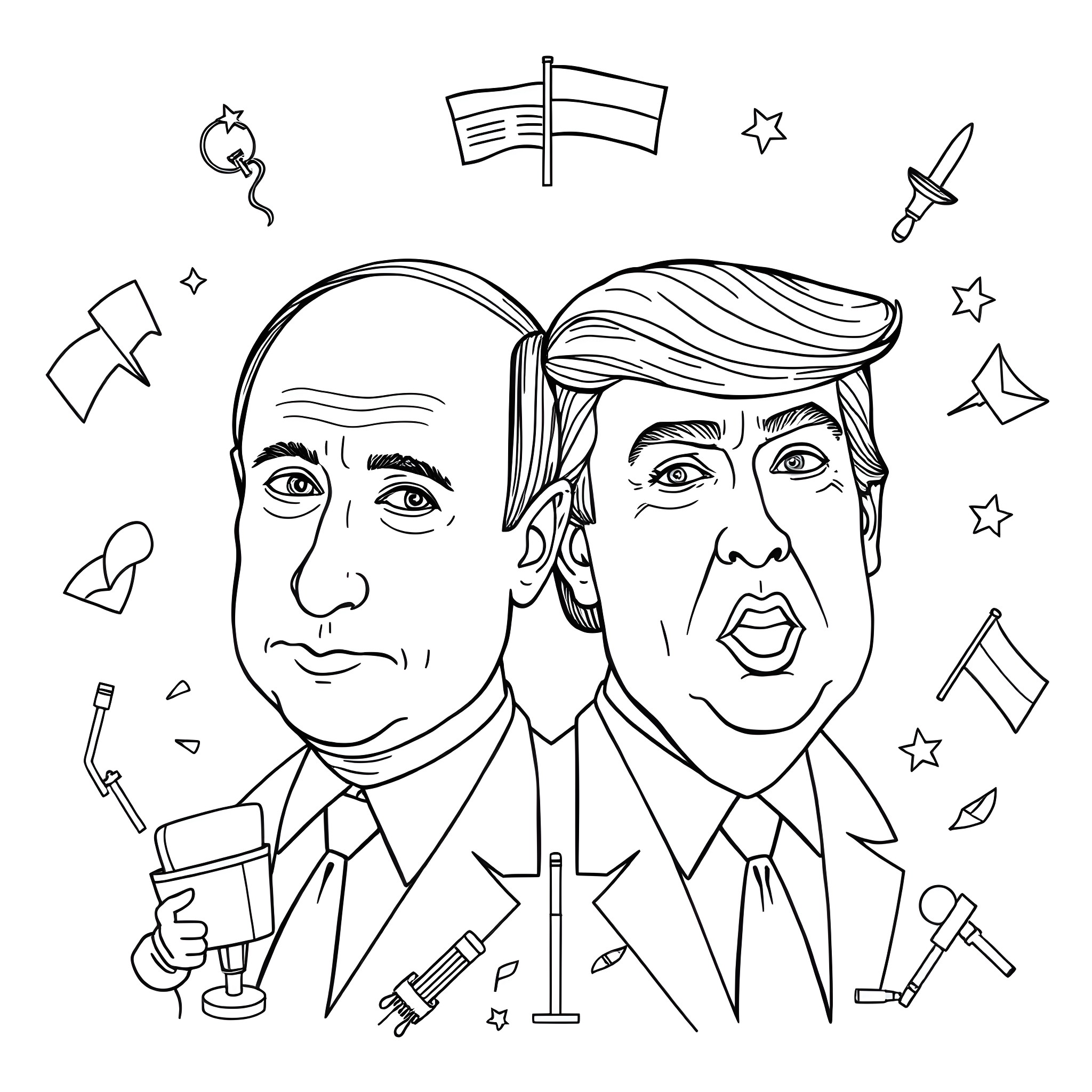 Siamese Twins in Suits with Political Symbols Coloring Page (free black-and-white line drawing printable PDF for all, from beginners to advanced learners, including children, teens, adults, and seniors)