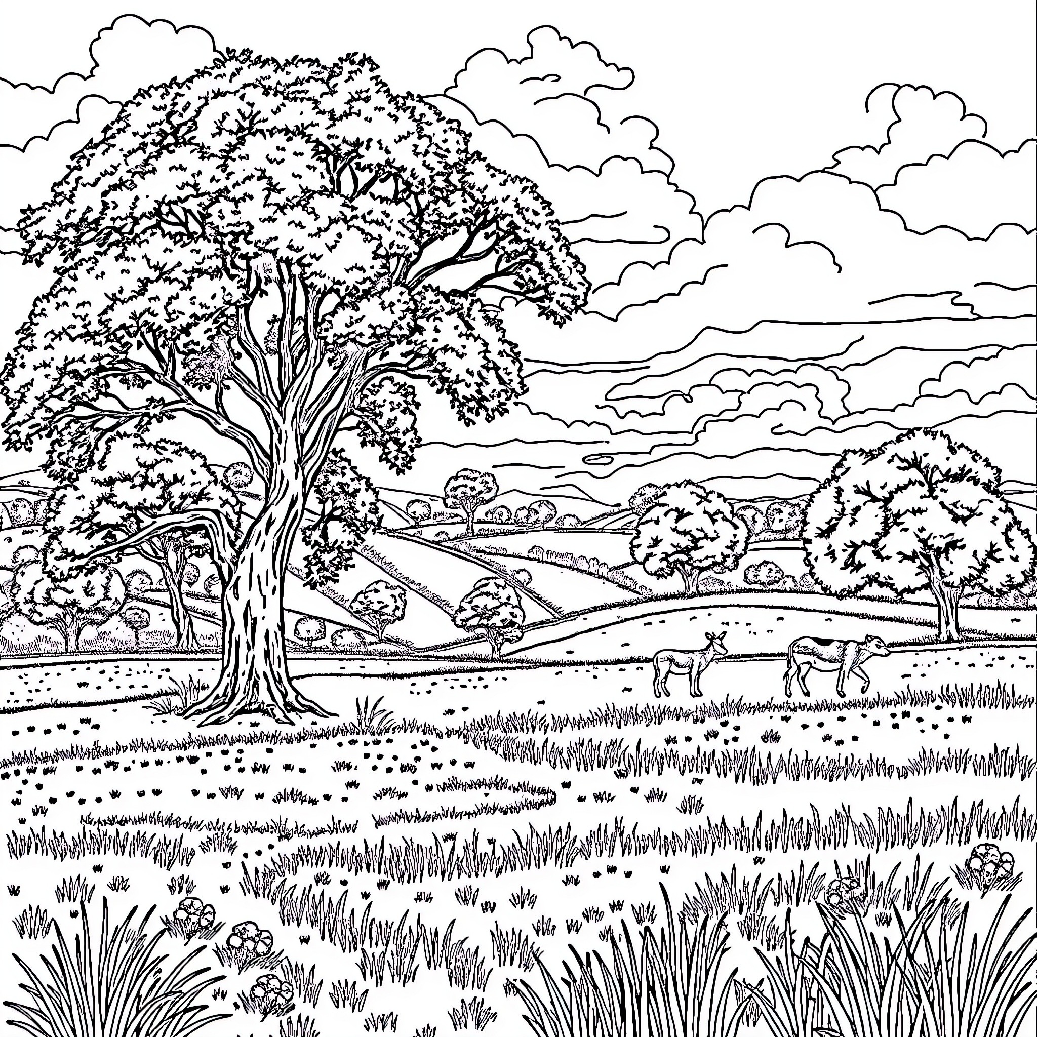 Campo Countryside Landscape with Tree and Animals Coloring Page (free black-and-white line drawing printable PDF for all, from beginners to advanced learners, including children, teens, adults, and seniors)