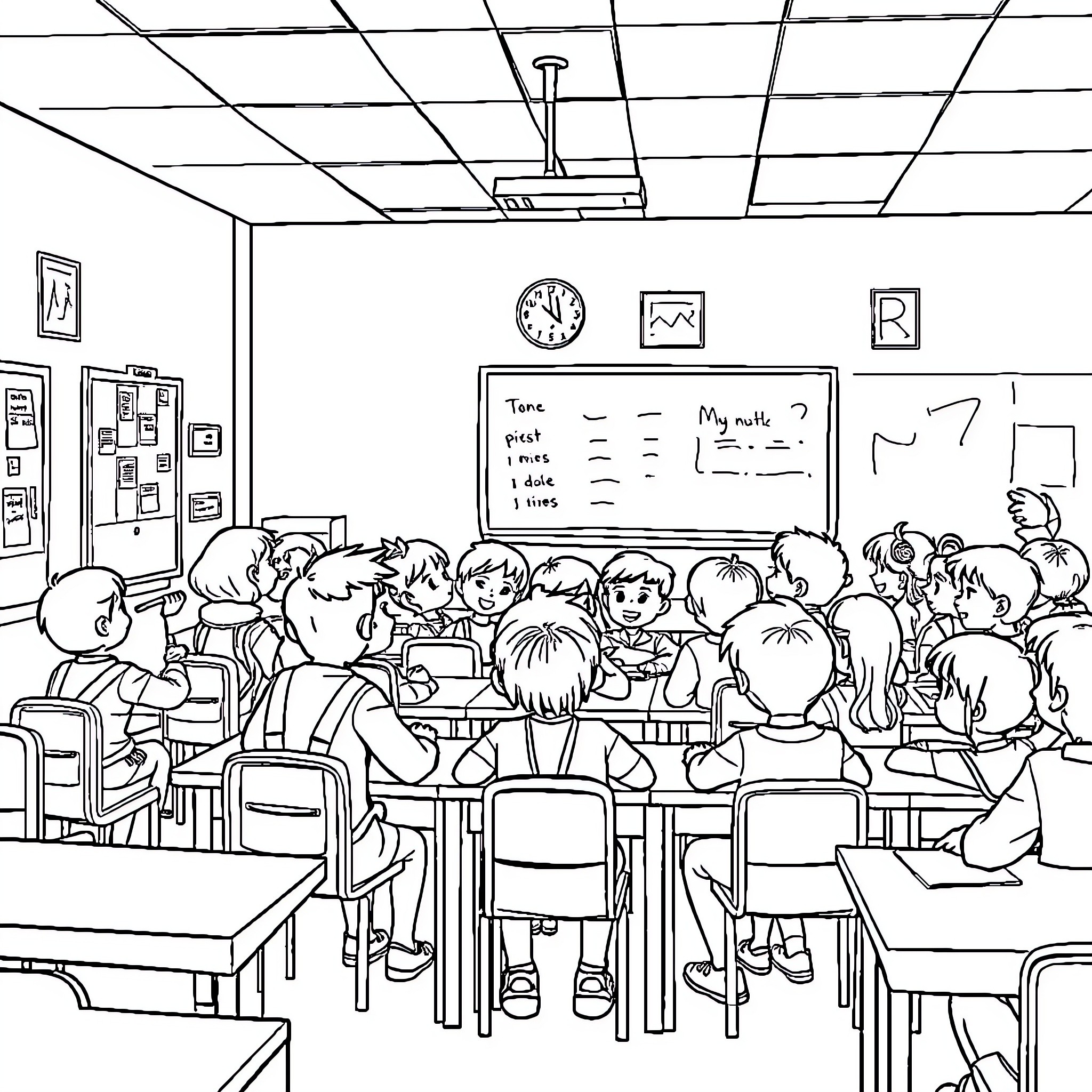 School Classroom with Students at Desks Coloring Page (free black-and-white line drawing printable PDF for all, from beginners to advanced learners, including children, teens, adults, and seniors)