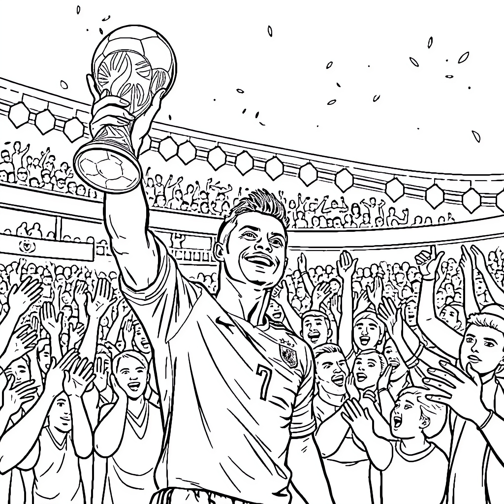 Cristiano Ronaldo celebrating with fans after winning a trophy Coloring Page (free black-and-white line drawing printable PDF for all, from beginners to advanced learners, including children, teens, adults, and seniors)
