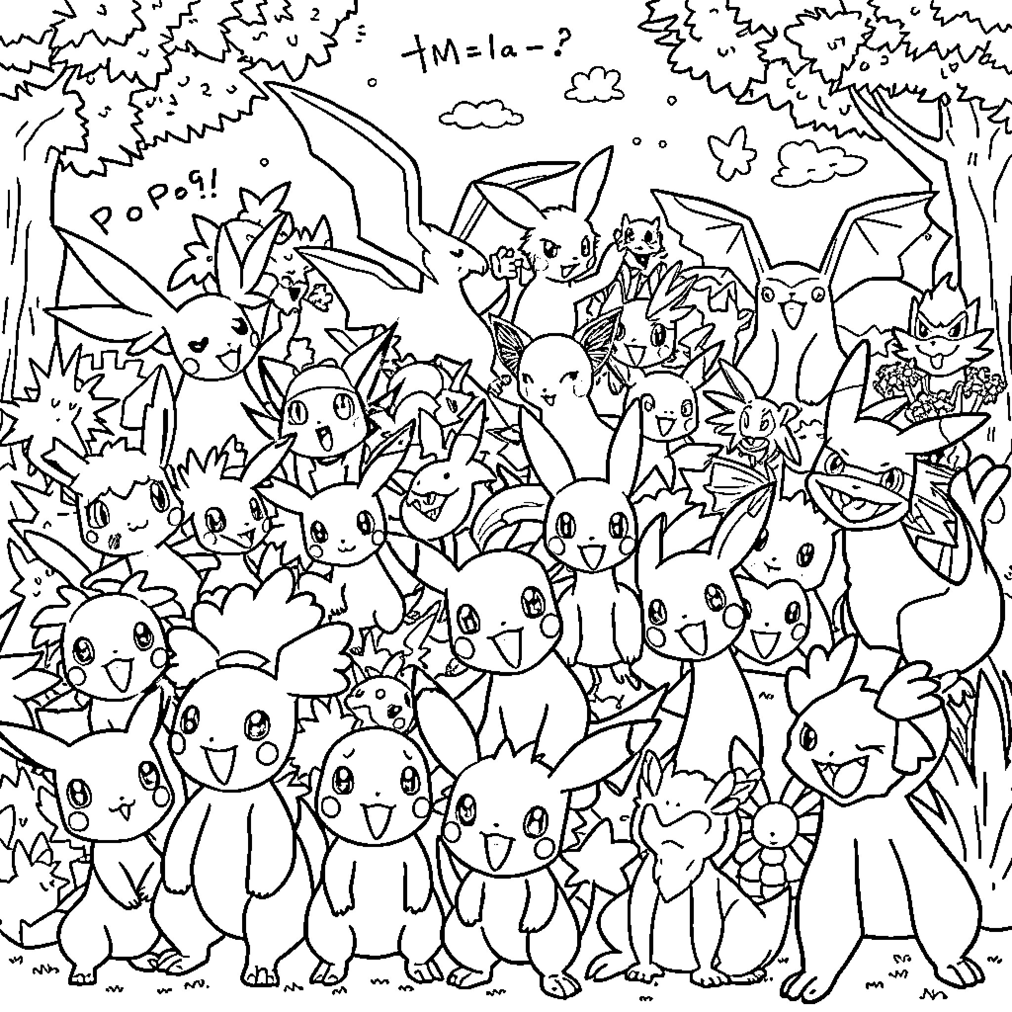 Pokémon characters in a vibrant outdoor scene Coloring Page (free black-and-white line drawing printable PDF for all, from beginners to advanced learners, including children, teens, adults, and seniors)