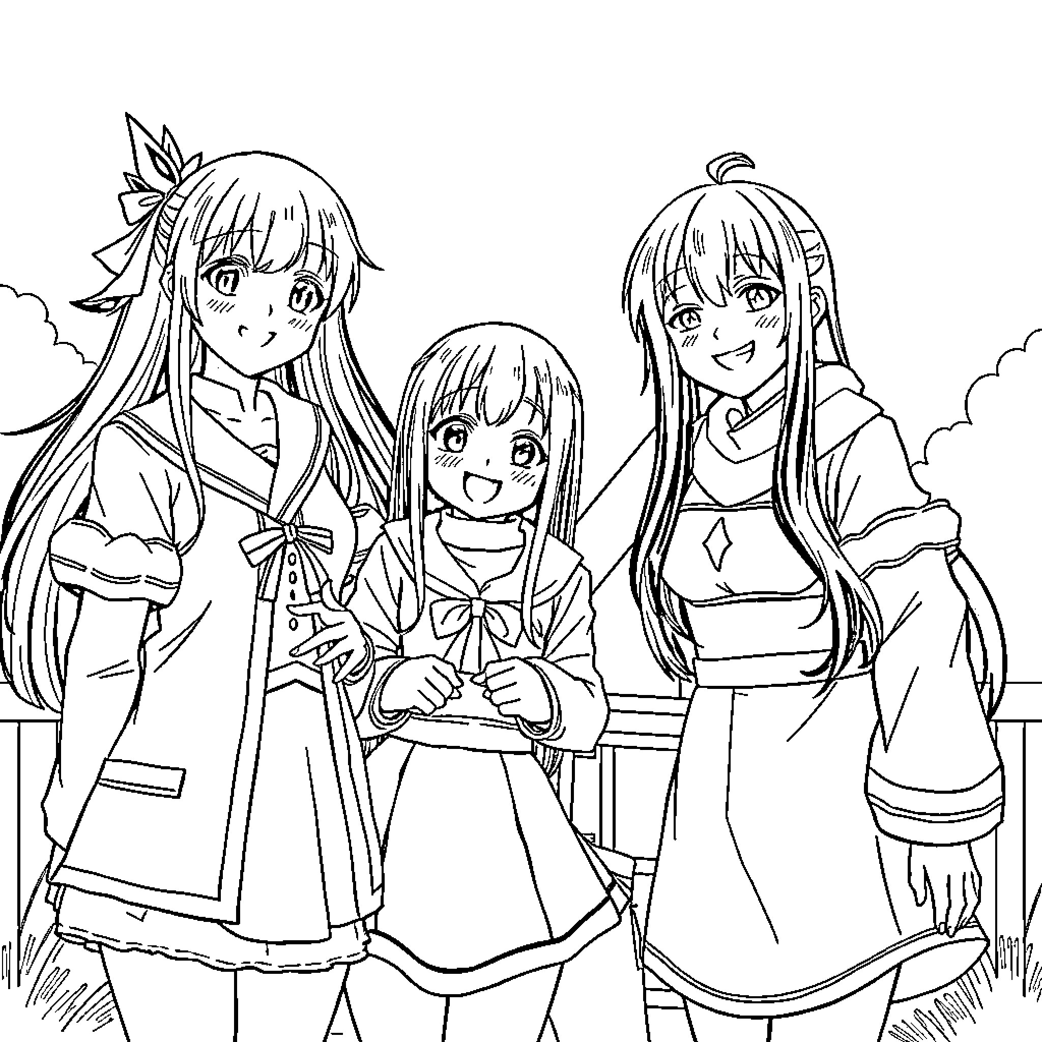 Huntrix Girls in Jovial Outfit and Expressions Coloring Page (free black-and-white line drawing printable PDF for all, from beginners to advanced learners, including children, teens, adults, and seniors)