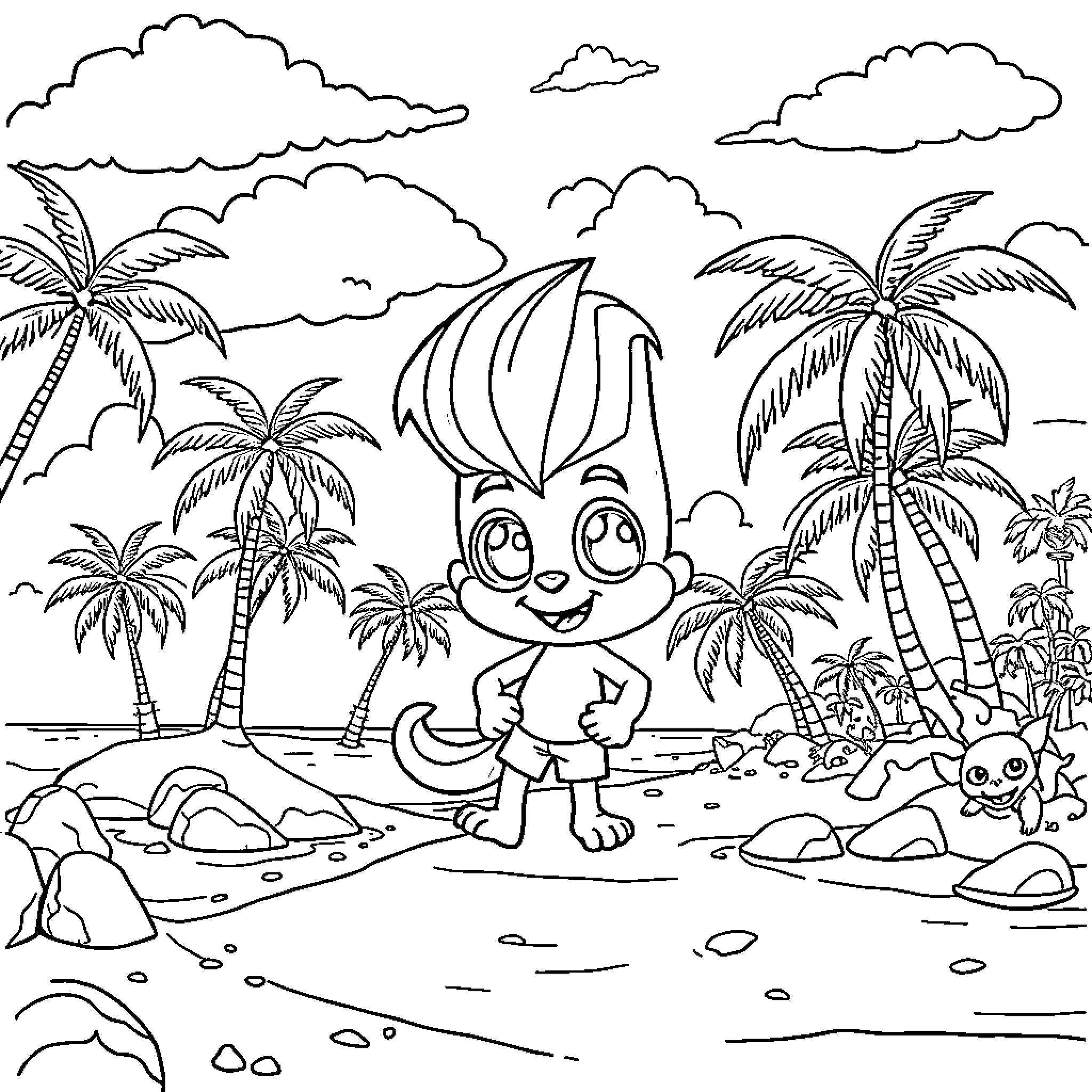 Spunki's Tropical Adventure Coloring Page (free black-and-white line drawing printable PDF for all, from beginners to advanced learners, including children, teens, adults, and seniors)