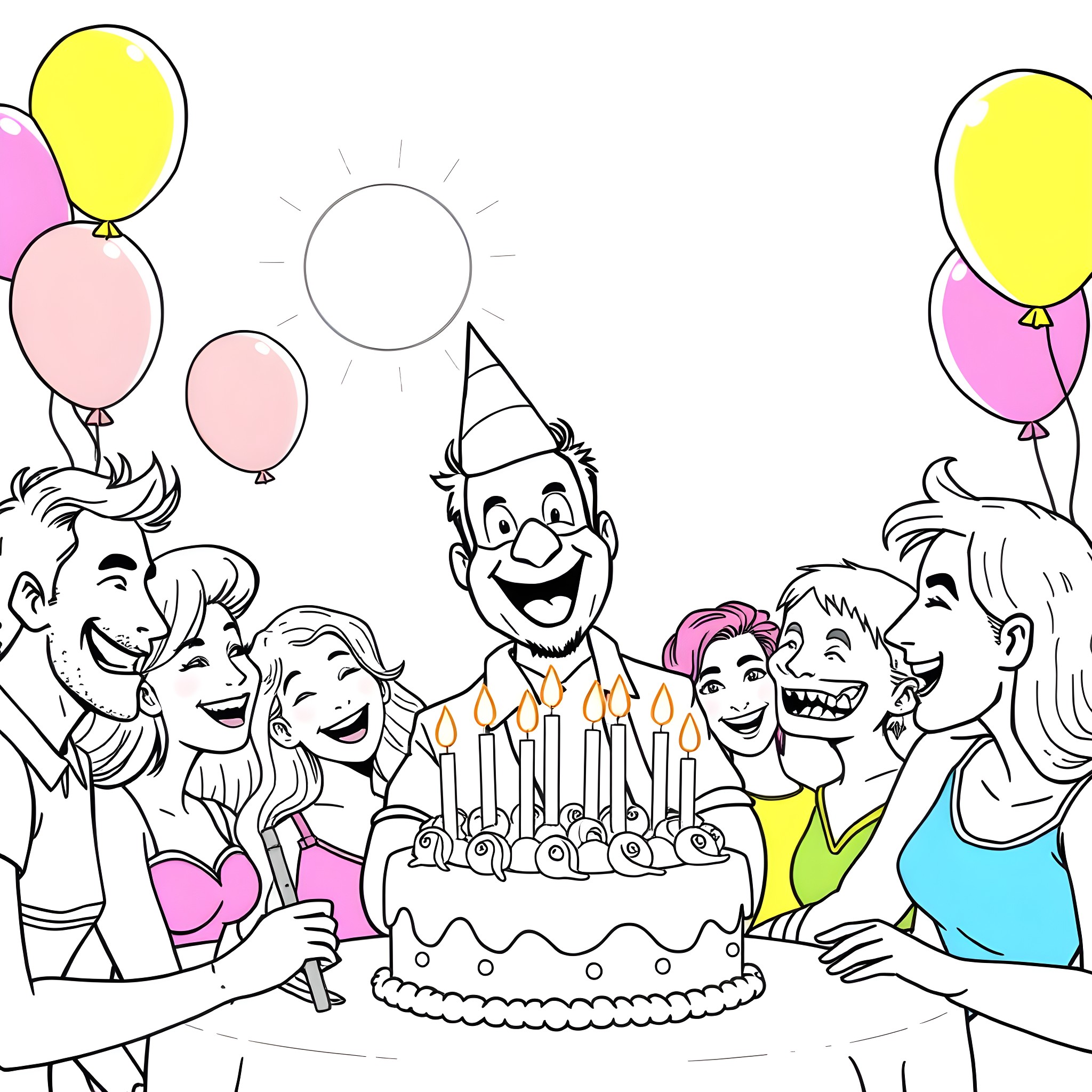 Dirk Farthouse's birthday celebration with friends Coloring Page (free black-and-white line drawing printable PDF for all, from beginners to advanced learners, including children, teens, adults, and seniors)