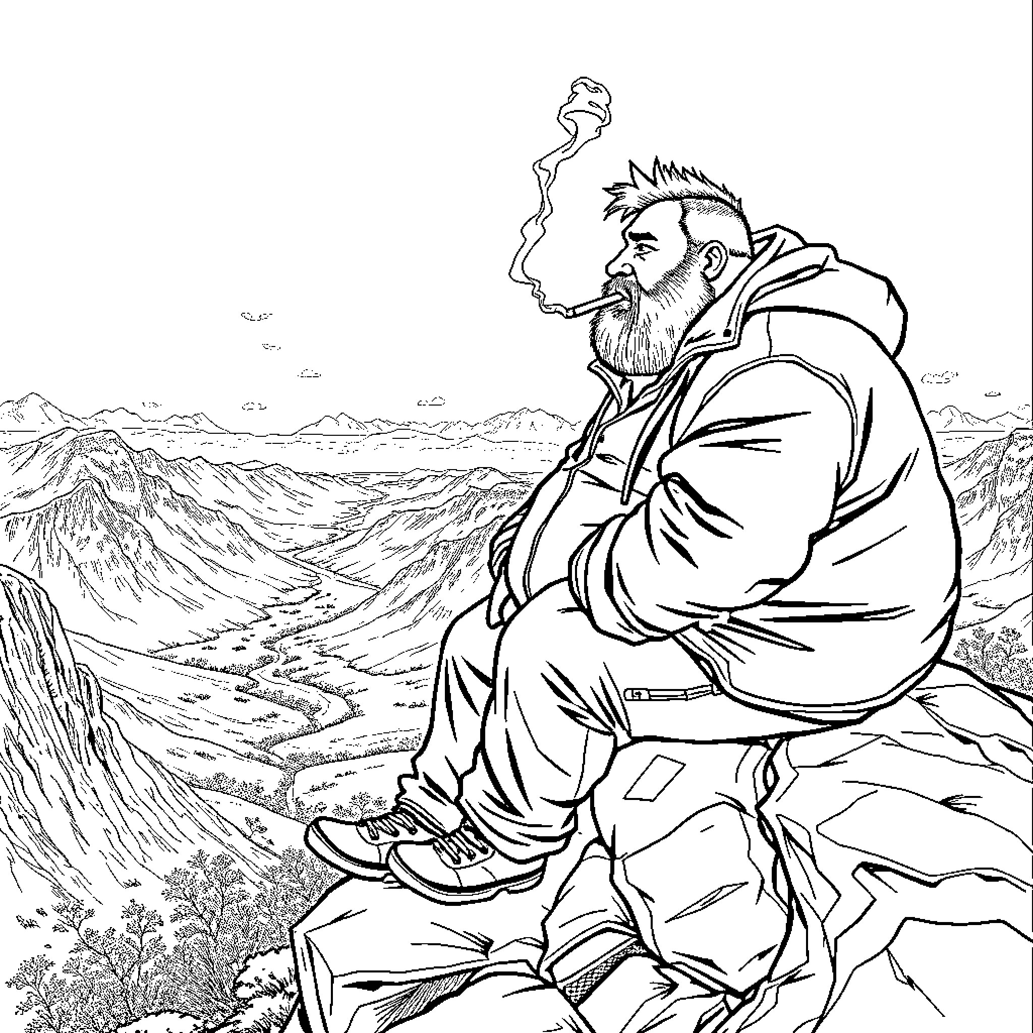 Man contemplating in a mountainous landscape Coloring Page (free black-and-white line drawing printable PDF for all, from beginners to advanced learners, including children, teens, adults, and seniors)