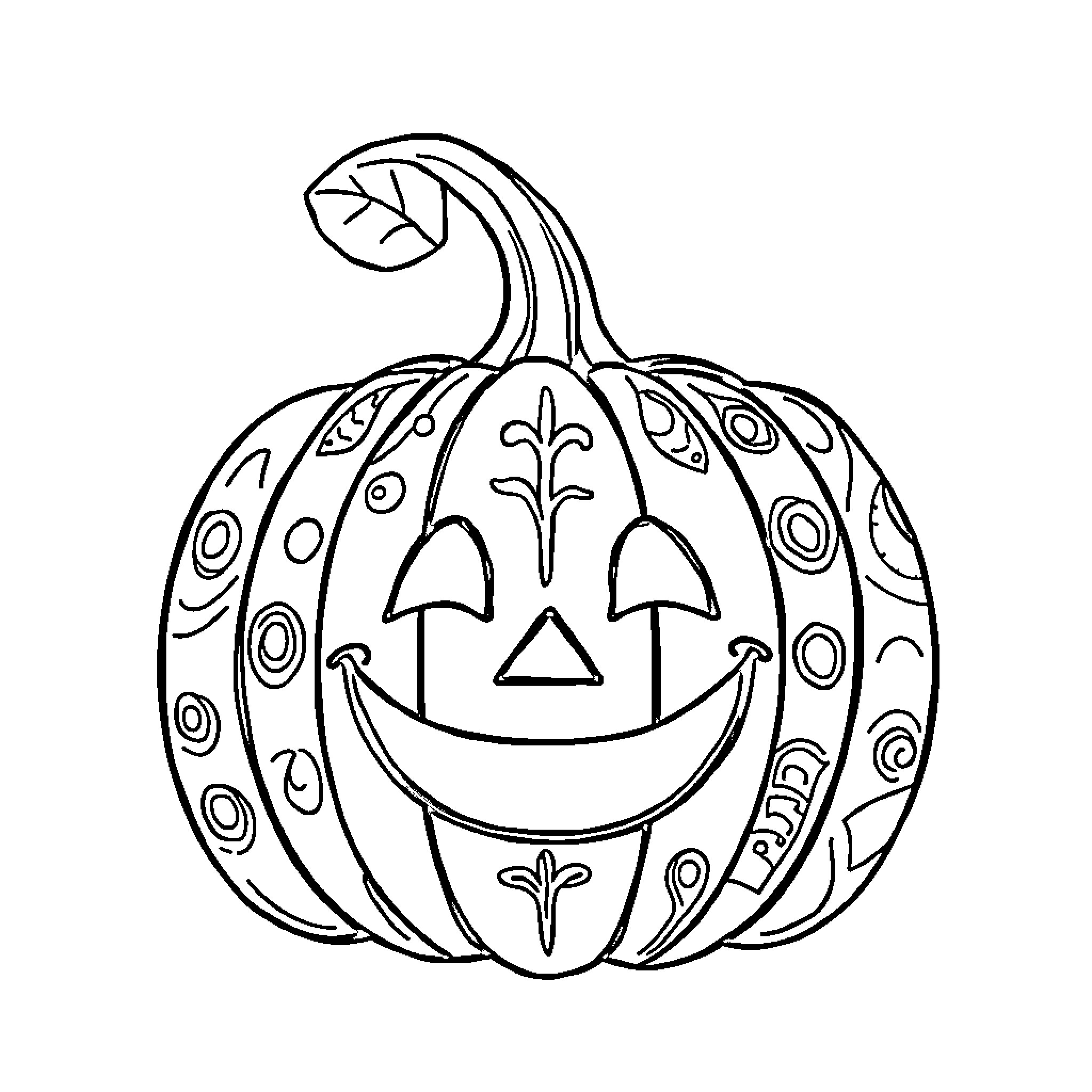 Pumpkin with patterned design and smiling face Coloring Page (free black-and-white line drawing printable PDF for all, from beginners to advanced learners, including children, teens, adults, and seniors)