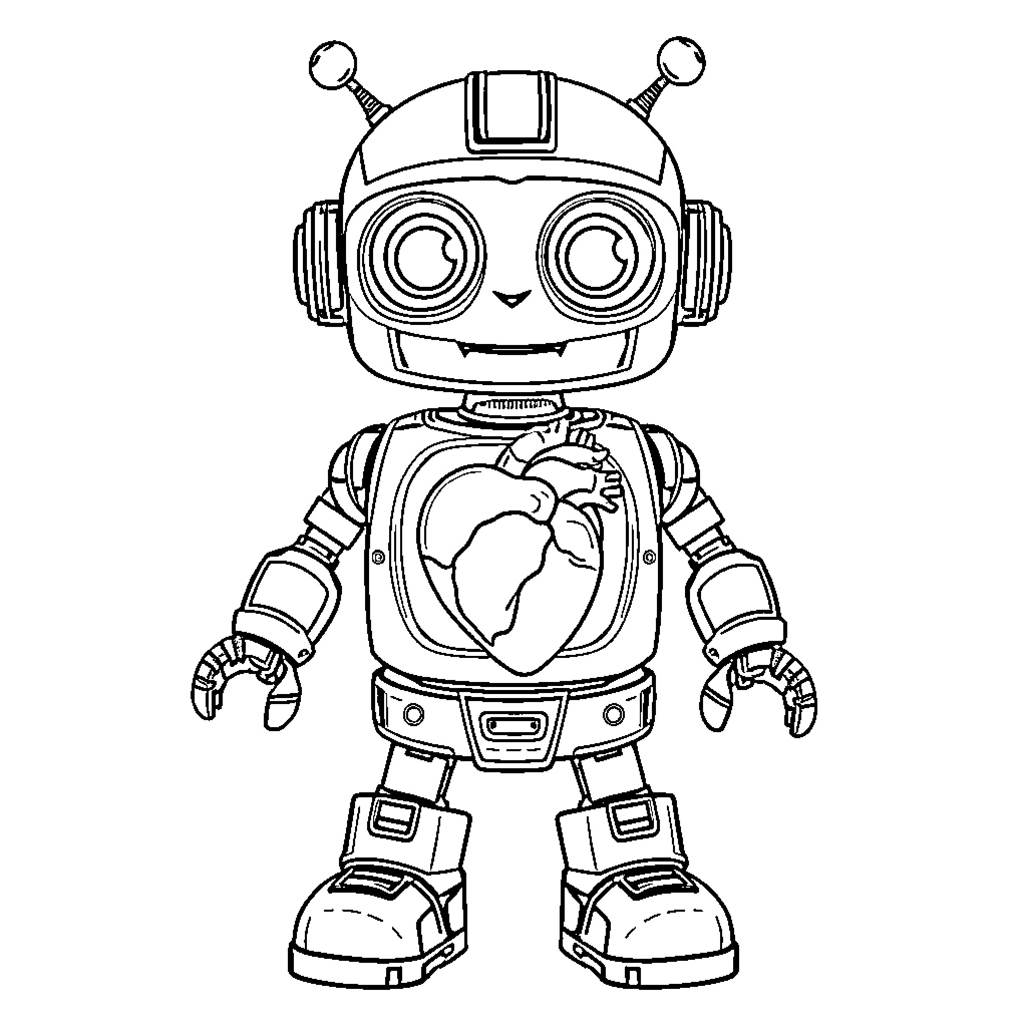 Robot with heart-shaped chest smiling happily Coloring Page (free black-and-white line drawing printable PDF for all, from beginners to advanced learners, including children, teens, adults, and seniors)