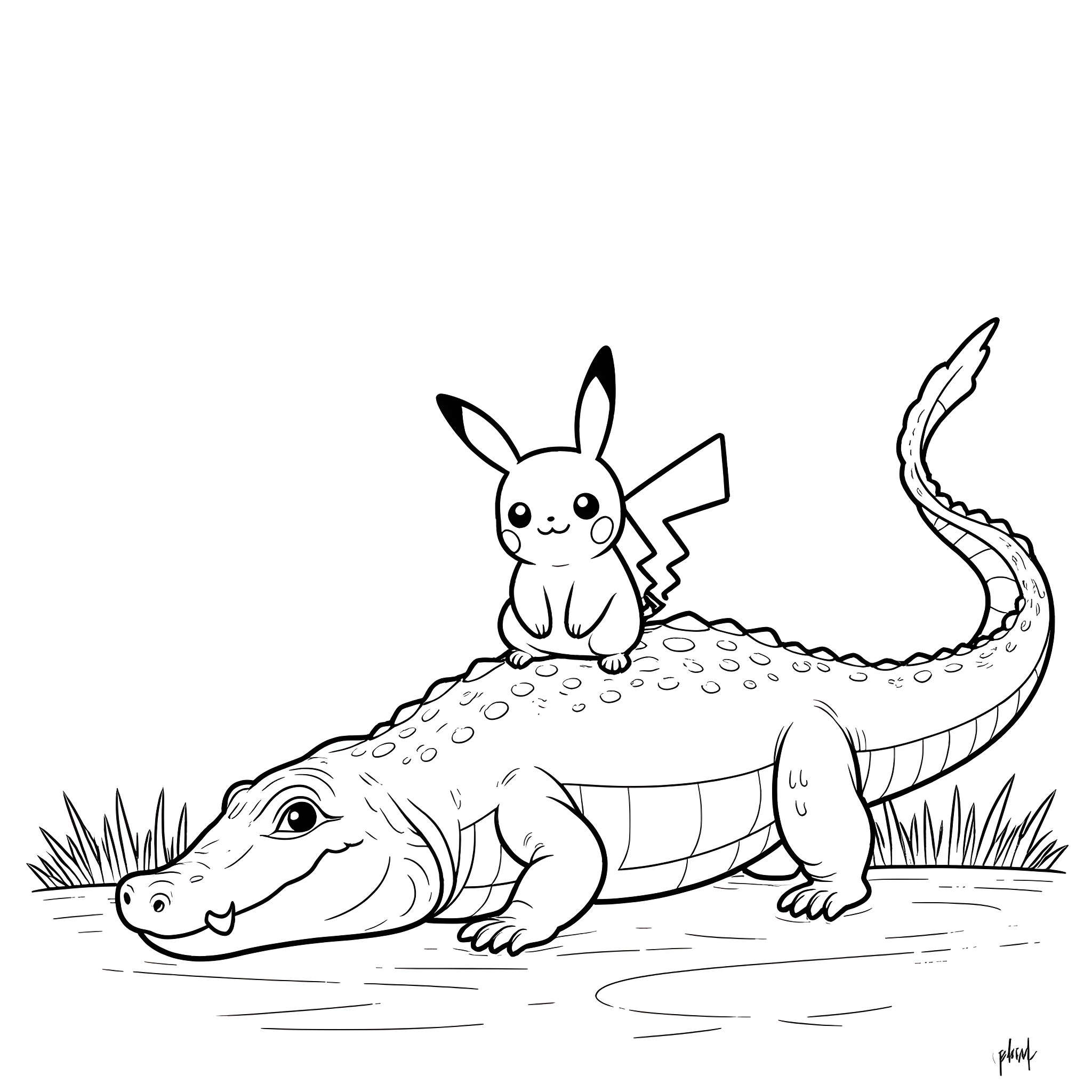 Pikachu riding on a friendly alligator Coloring Page (free black-and-white line drawing printable PDF for all, from beginners to advanced learners, including children, teens, adults, and seniors)