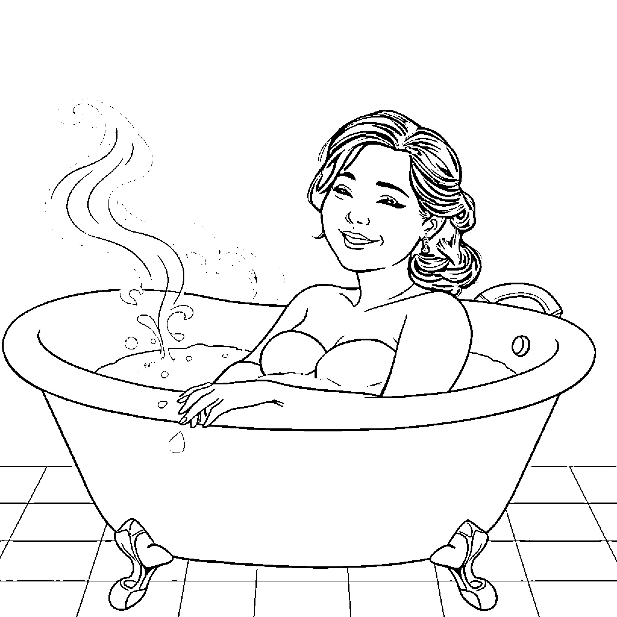 Woman enjoying a relaxing bath Coloring Page (free black-and-white line drawing printable PDF for all, from beginners to advanced learners, including children, teens, adults, and seniors)