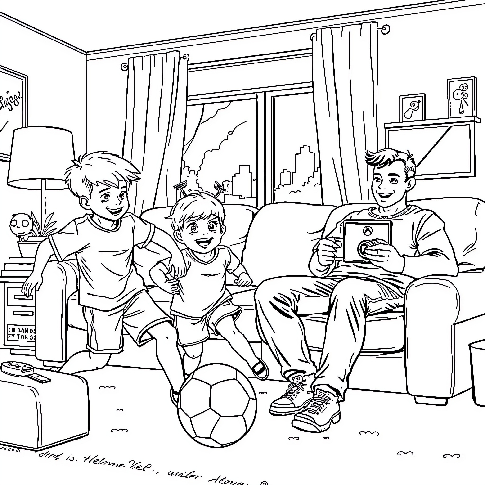 Junge Freunde spielen und entspannen zusammen Coloring Page (free black-and-white line drawing printable PDF for all, from beginners to advanced learners, including children, teens, adults, and seniors)